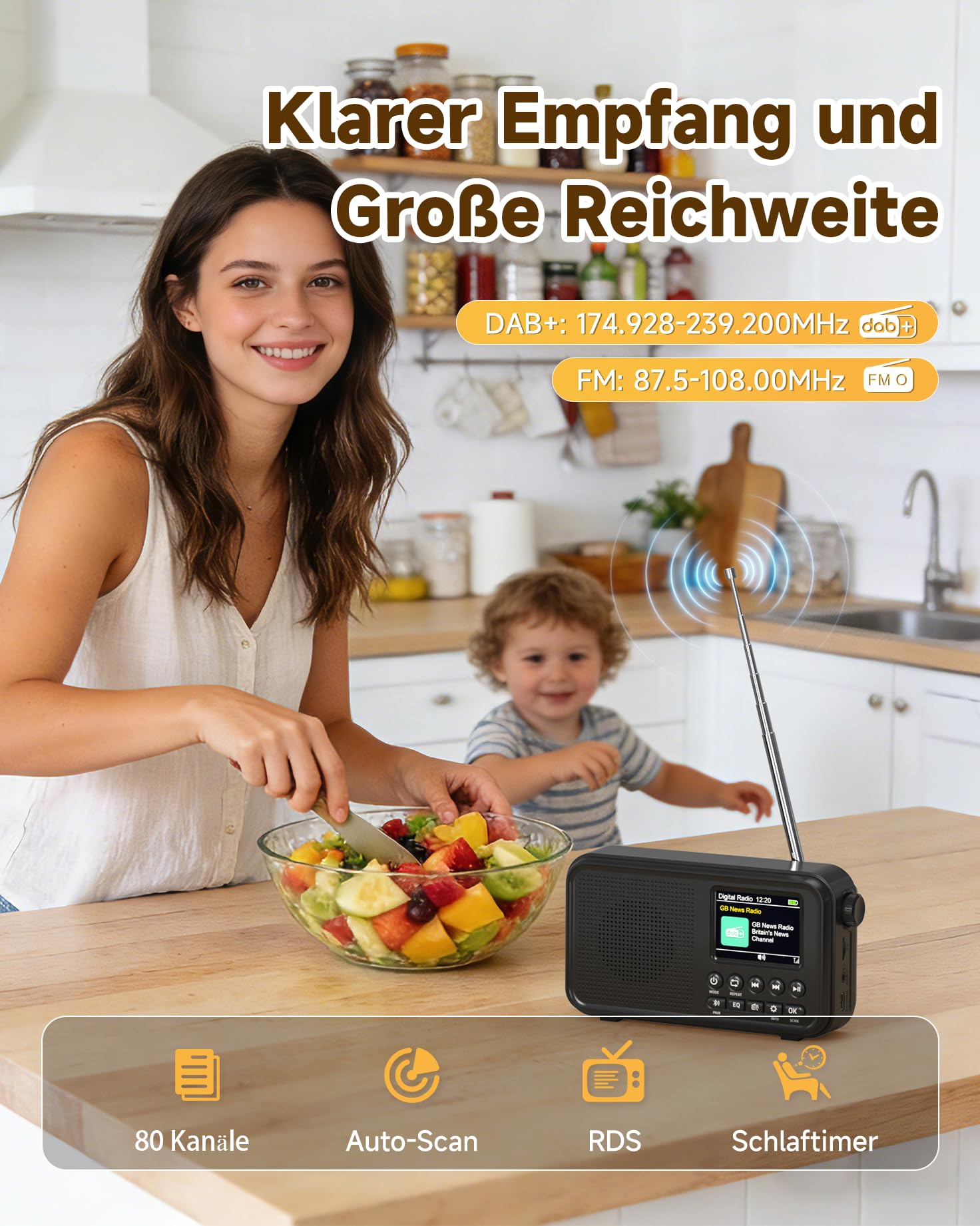 Roxicosly Tragbares DAB/DAB+ Radio, 80 Voreingestellte, UKW Digital Radio mit 3000-mAh Akku, Küchenradio mit Bluetooth 5.0, EQ-Modi, Sleep-Timer, Snooze, TF/3,5-mm AUX Anschluss, Doppelalarm