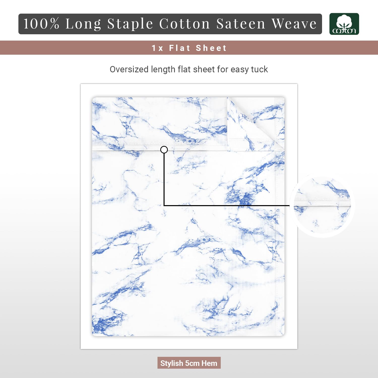 Pizuna Carrara Marble Blue Print Flat Sheet Super King Size, 100% Long Staple Cotton 400 Thread count Bedding Super King - Image 3