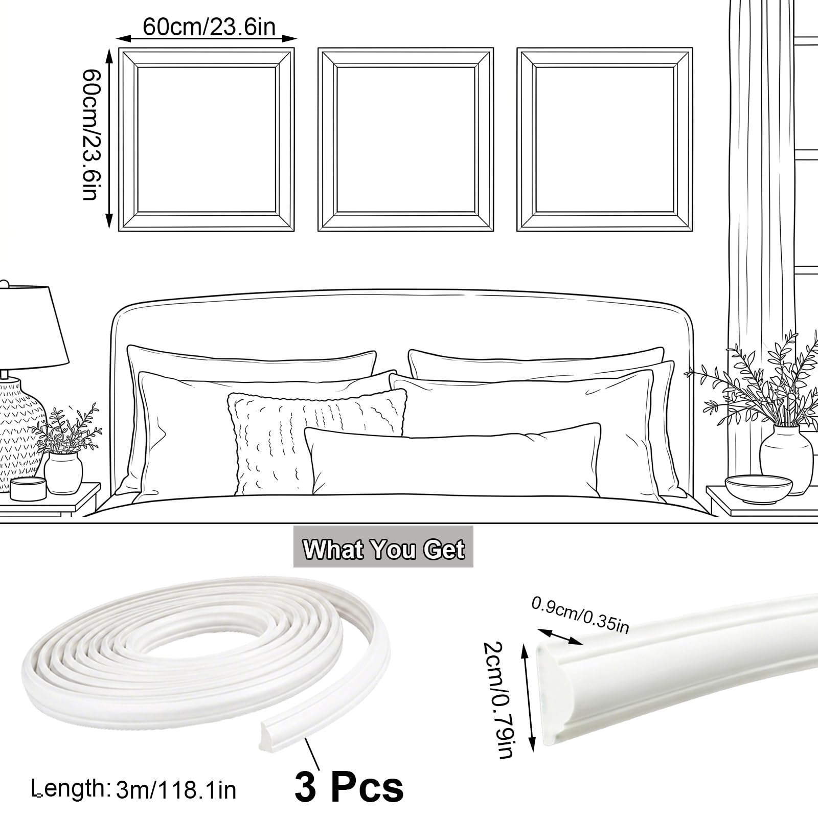 Samoprzylepne Listwy Elastyczne PCW Listwa Ścienna Do Dekoracji Domu DIY 3 Pcs,3m
