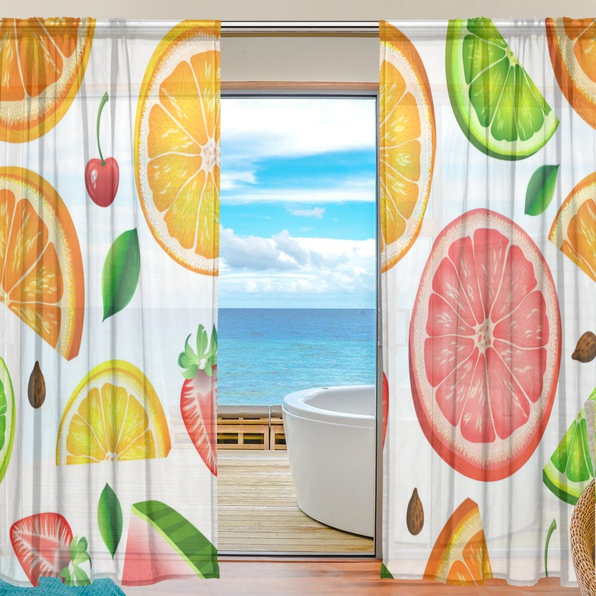 Amazon｜旅立の店 カーテン レースカーテン フルーツ柄 カラフル
