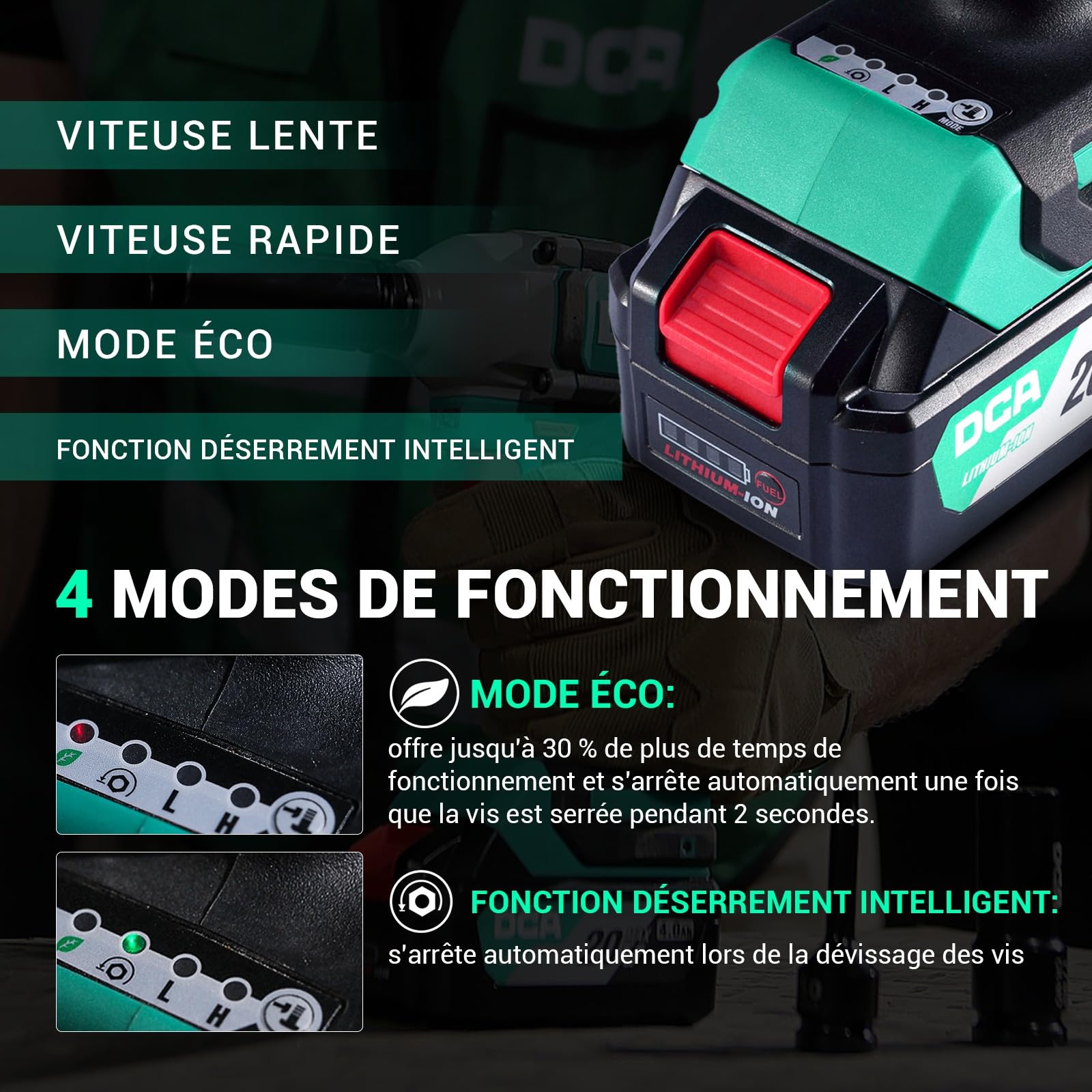 DCA Clé à chocs sans balais 20V avec batterie 4,0Ah, bague de retenue 1/2 pouce, clé à chocs sans fil, couple élevé de 235 ft-lbs, 4 modes pour l’automobile et le bricolage, ADPB320