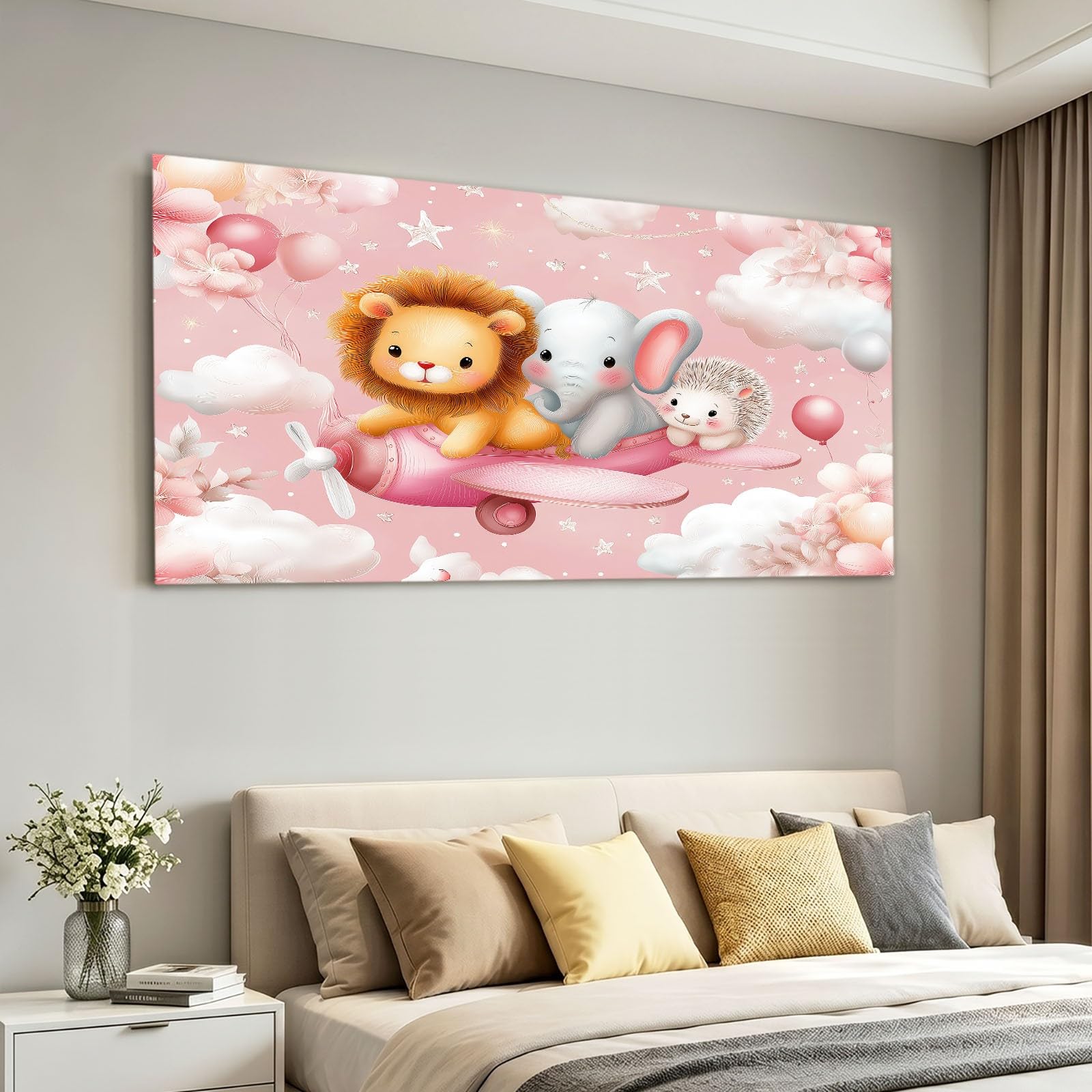 Lienzo decorativo de 70 x 50 cm, diseño de león rosa, diseño de avión y estrellas, para salón, dormitorio, oficina