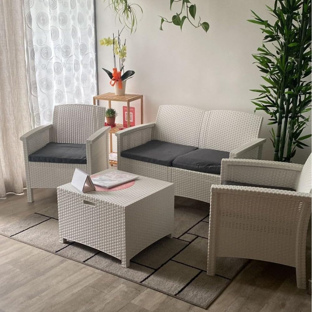 Salotto da Giardino in Resina Effetto Rattan Divano da Due posti con Due poltrone e Un tavolino - Bianco