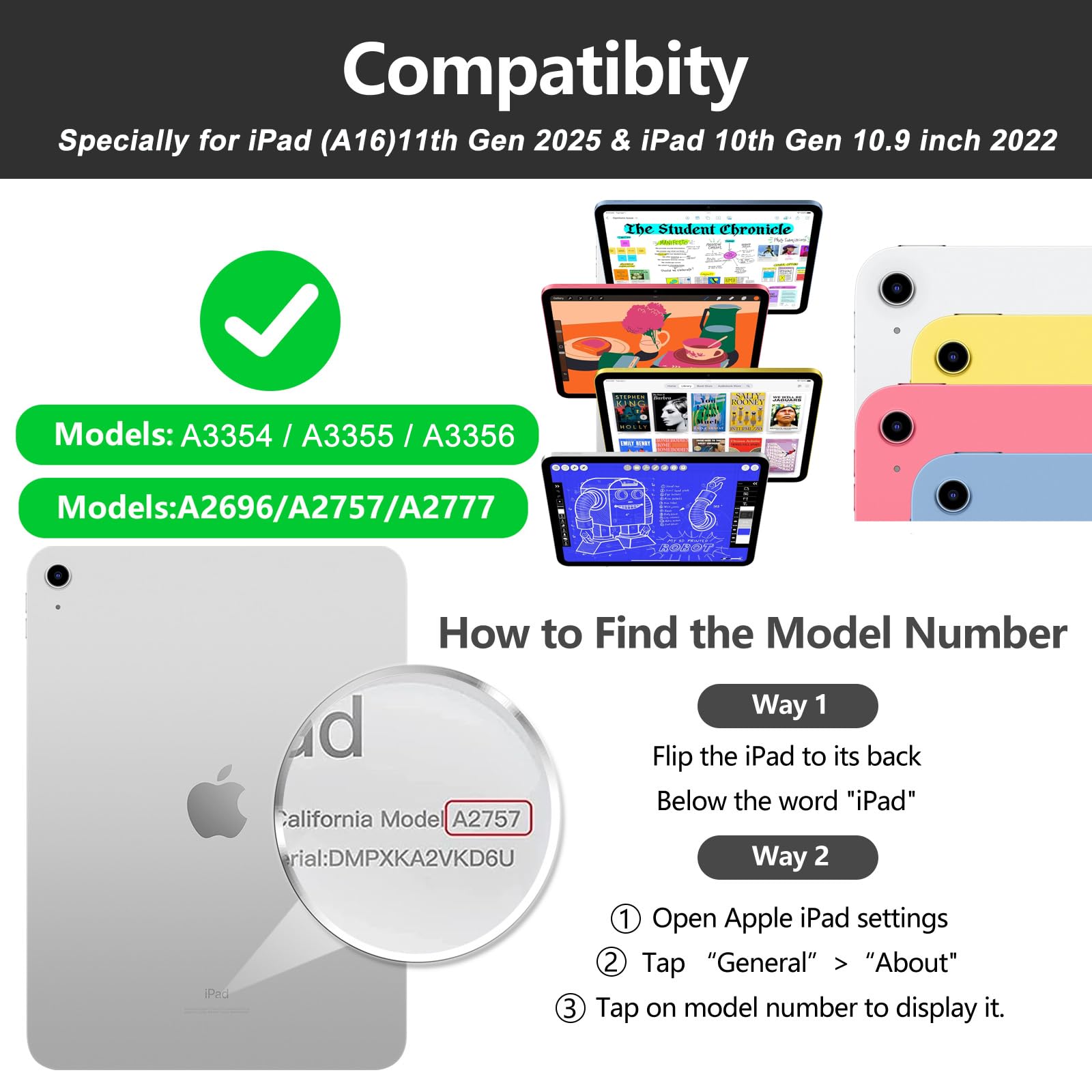 aMZCaSE for iPad A16 11th 10th Generation Case with Keyboard - 7 Colors Backlight Detachable Folio Keyboard Case with Pencil Holder for iPad (A16) 11th Gen 2025 & 10th Gen 10.9 inch 2022, Black