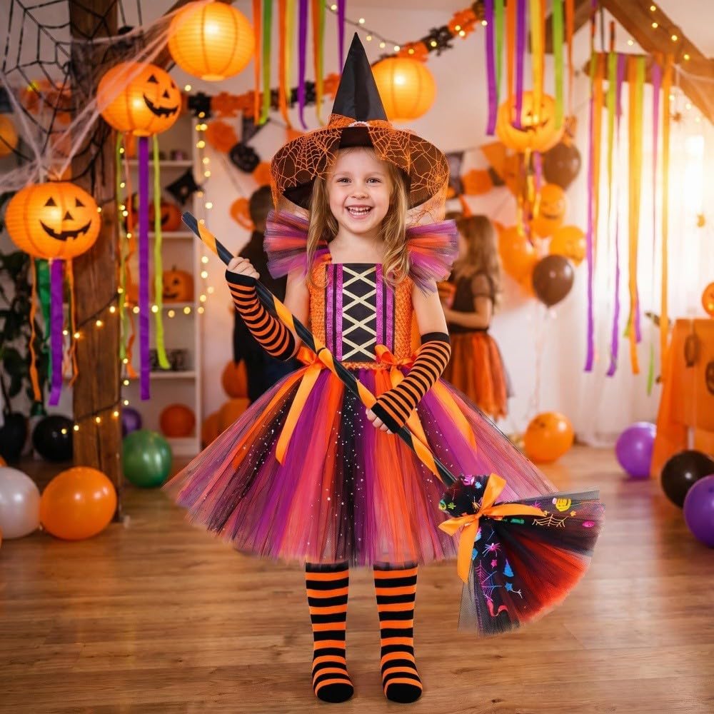 Hexenkostüm Kind Halloween Kostüme Kinder Halloween Hexenkleid Mit Hut Set Mit Hut Besen Rock Und Umhang Sommerkleid Mädchen Kleid Party Karnevalskostüme Für Halloweens Cosplay