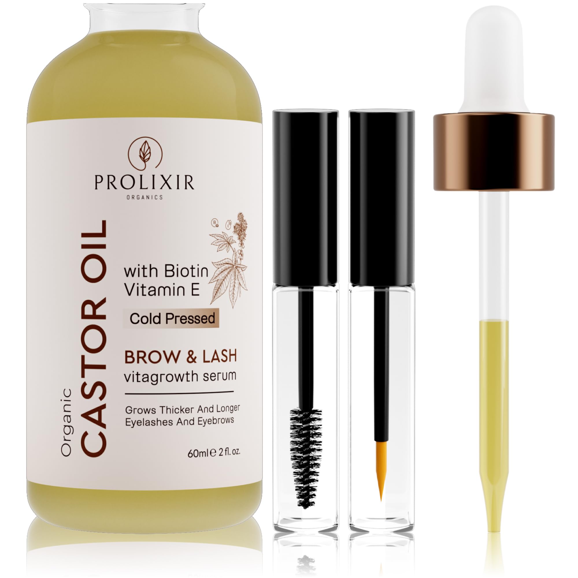 Organic Castor Oil 60mls with Biotin & Vitamin E - Growth Serum for Eyebrows, Eyelashes, Hair, Nails & Skin - Cold Pressed, 100% Pure, Vegan, Cruelty Free - Mascara kit with Pipette and Wands