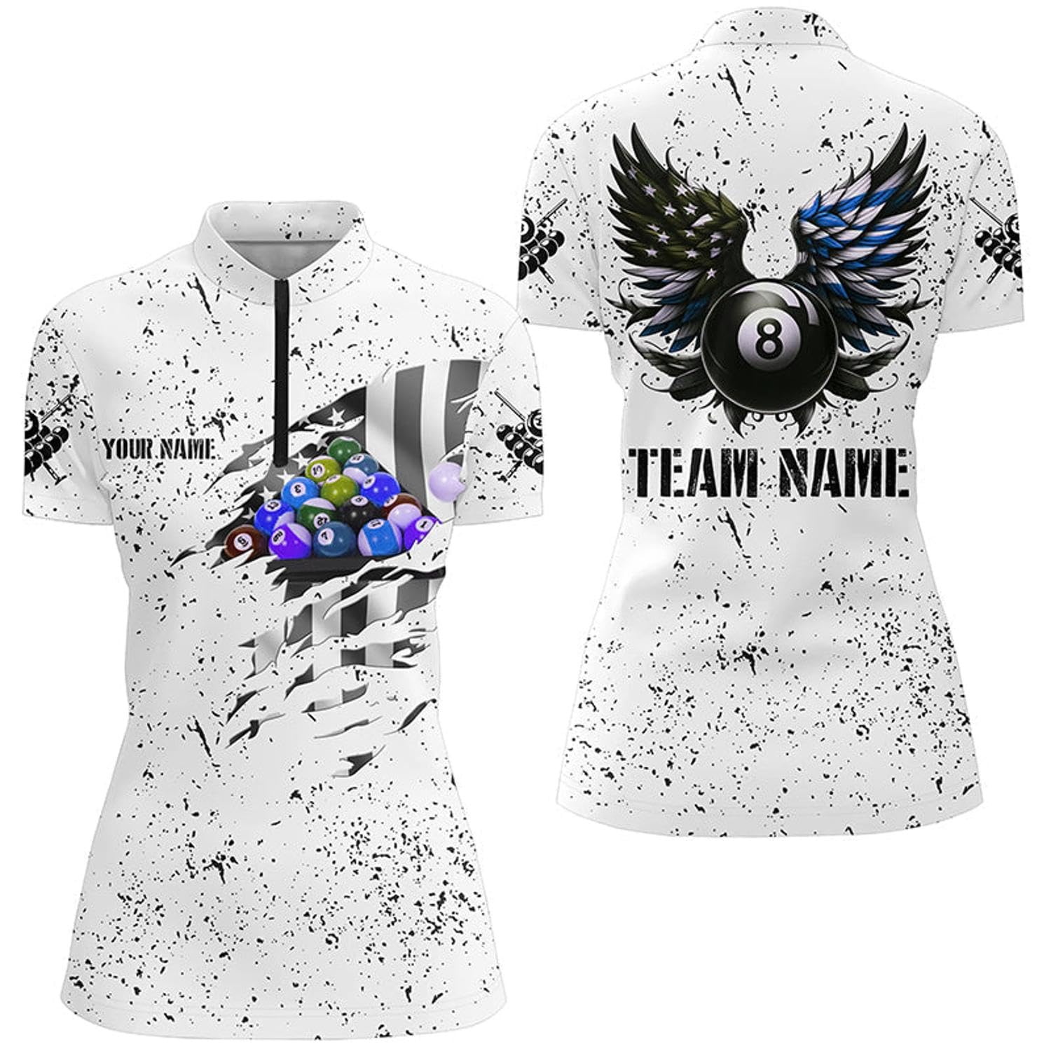 Personalized US Flag Billiard Balls 3D Quarter Zip Shirts for Women White 8 Ball Pool Wings Jerseys V1005
