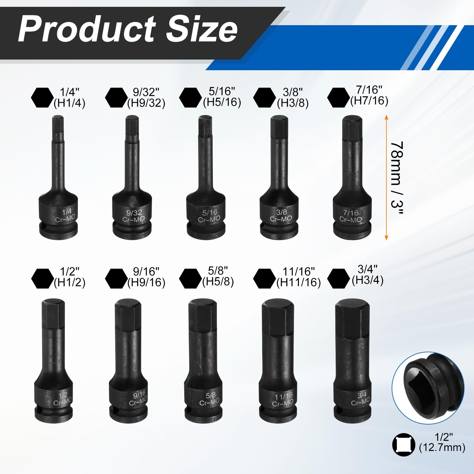 sourcing map Set di chiavi a bussola esagonali da 1/2" da 1/4,9/32,5/16,3/8,7/16,1/2,9/16,5/8,11/16,3/4 pollici SAE CR-MO in acciaio a 6 punte con perno per adattatore driver trapano elettrico