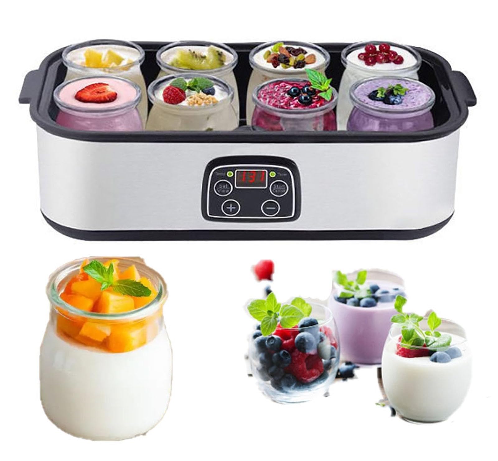 Yaourtières Ultimate, Yaourtière 1400 ml avec 8 pots en verre, Machine à yaourt avec écran LCD et minuterie, Température réglable, pour yaourt probiotique bio, Cadeau d'anniversaire Silver,1400ML