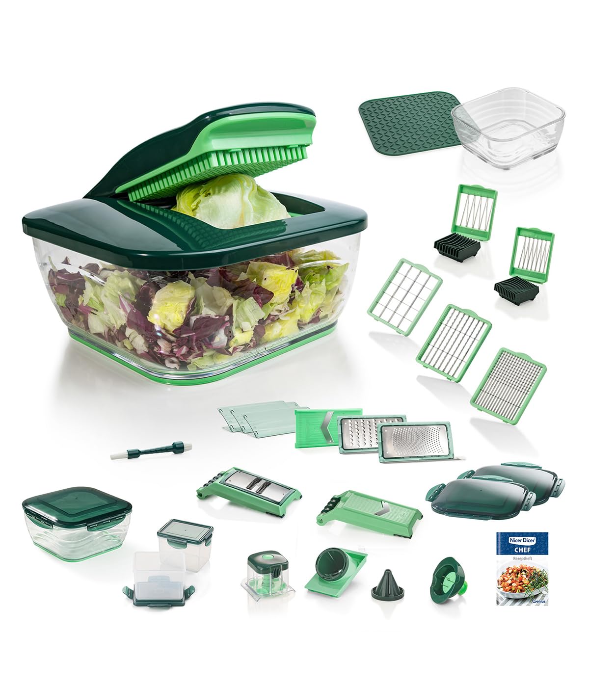 Genius Mandoline Nicer Dicer Chef 34 en 1 Multifunction Professionelle - Coupe-légumes avec bol en verre et coupe-tomates légumes | âtonnets, tranches, bandes, spirales, julienne
