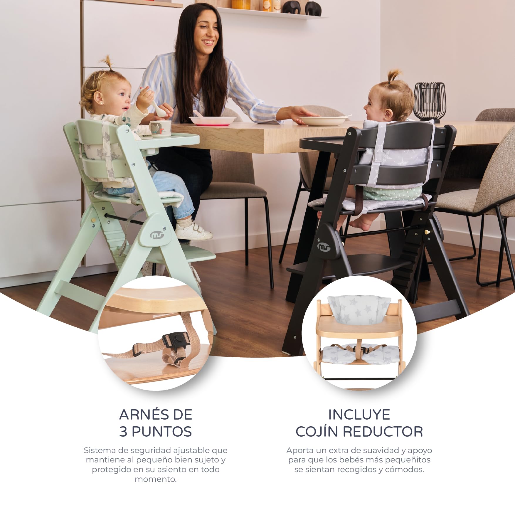 ms Trona para bebé de Madera Full PLEGABLE - Evolutiva- Silla Alta, Ergonómica, Regulable, Segura, Madera/Gris