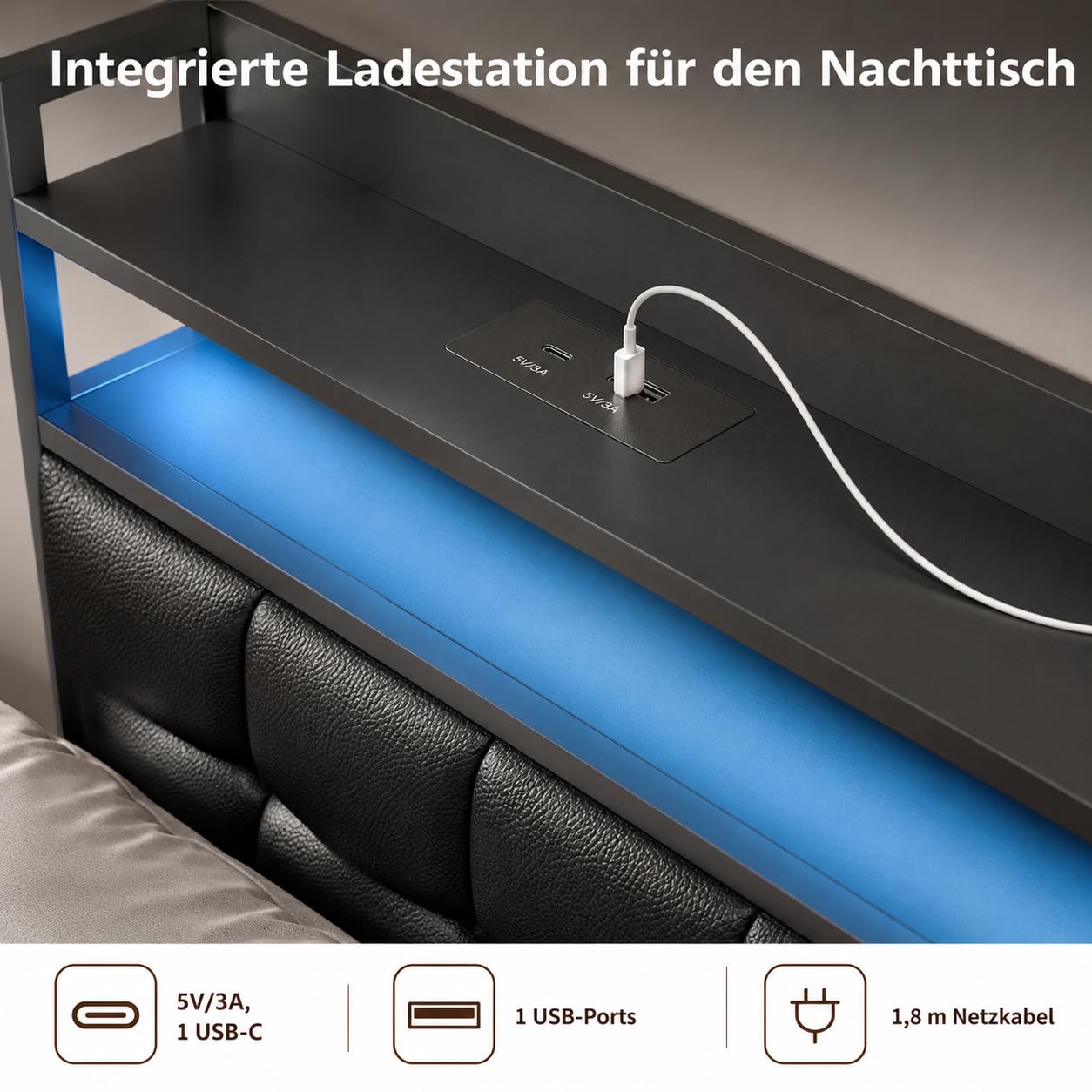 PerGar Polsterbett Doppelbett 140x200 mit LED Beleuchtung und Ladefunktion, Hydraulisches Stauraumbett mit Kopfteil, Jugendbett Betten mit Lattenrost und Bettkasten, PU, Ohne Matratze, Schwarz
