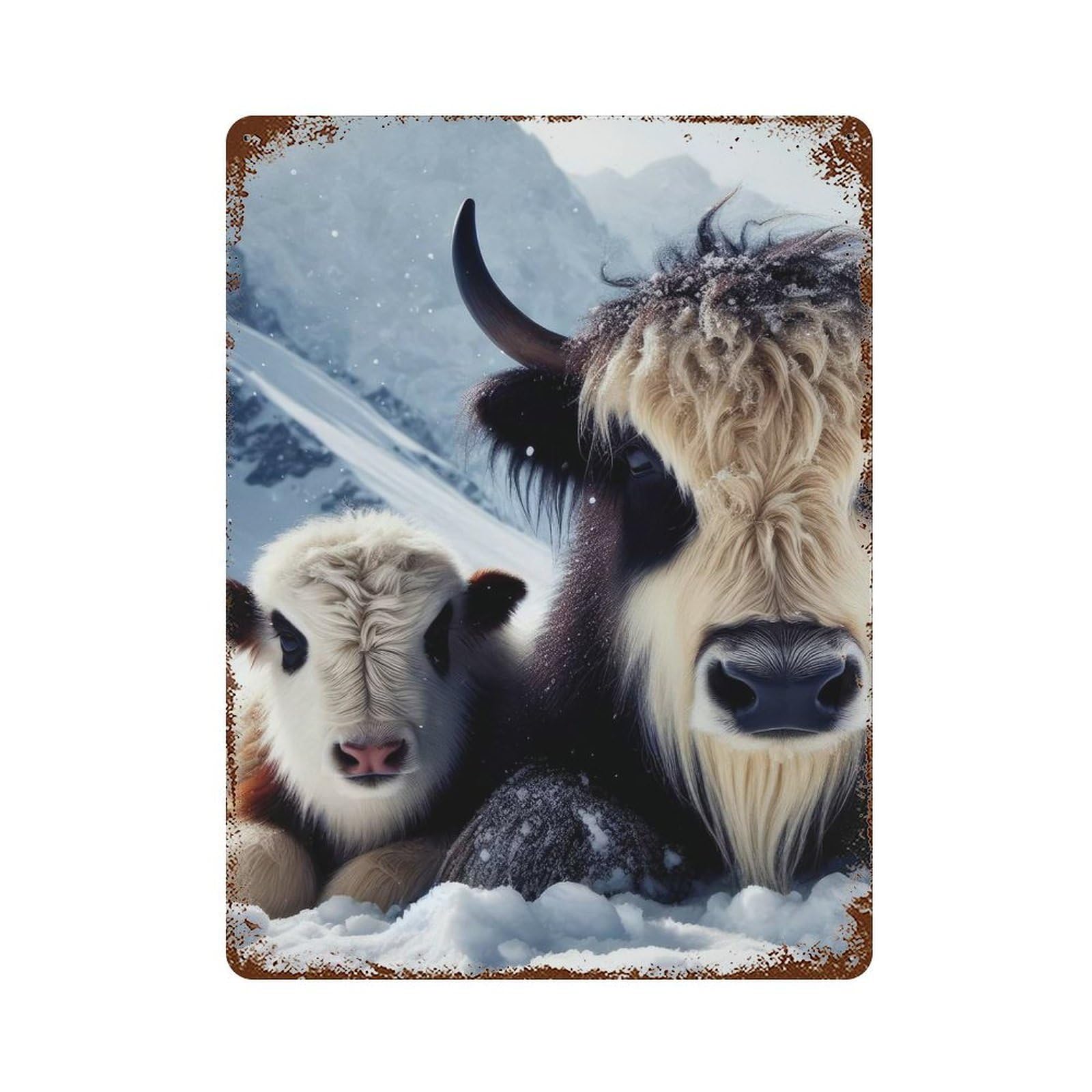 Yak And Calf in Snowy Mountains Decorative Tin Sign 15.7"x11.8", Retro Wall Decor for Basement, Hobby Room And Garage Decor