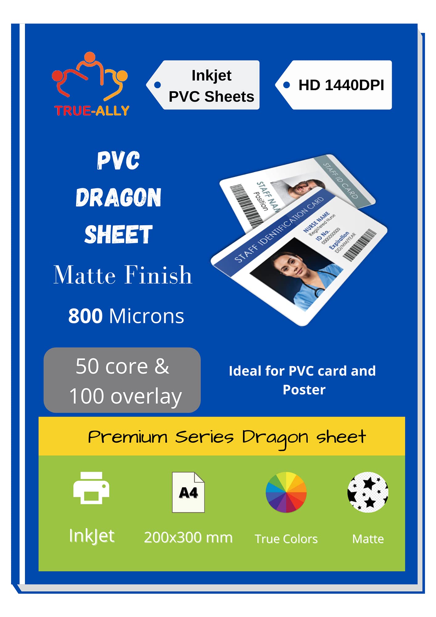 True-Ally Premium MATTE Finish PVC Lamination Dragon Sheet A4 Size 800 Micron for PVC Aadhar, Photos, ID card (Set of 50 Cores and 100 Overlays)