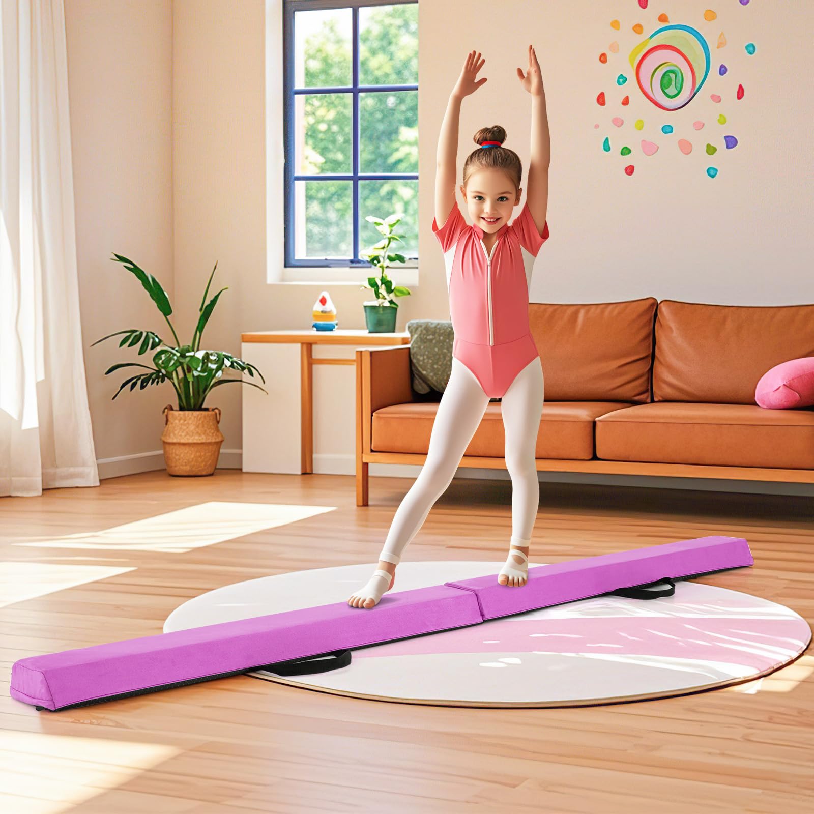 GYMAX Poutre Gymnastique Pliable 210cm, Poutre d'Équilibre Enfant, Revêtement Doux en Daim, Fond Antidérapant, Poignée de Transport, Équipement d'Entraînement à Domicile pour Débutants