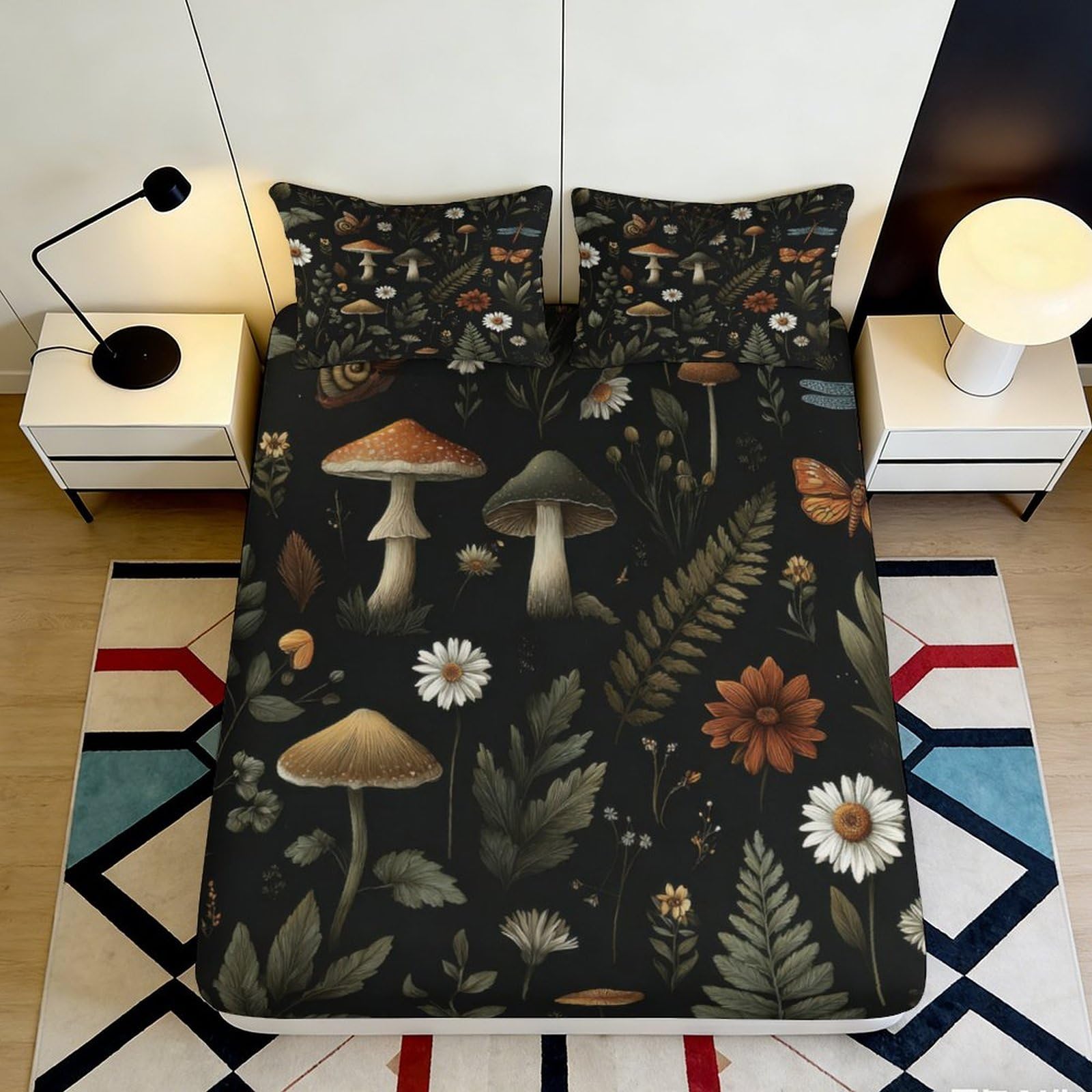 3D Printed Mushroom Forest Fitted Sheet Microfiber Soft Breathable Botanical Garden Mattress Cover for Bedroom Decor 160x200x25cm