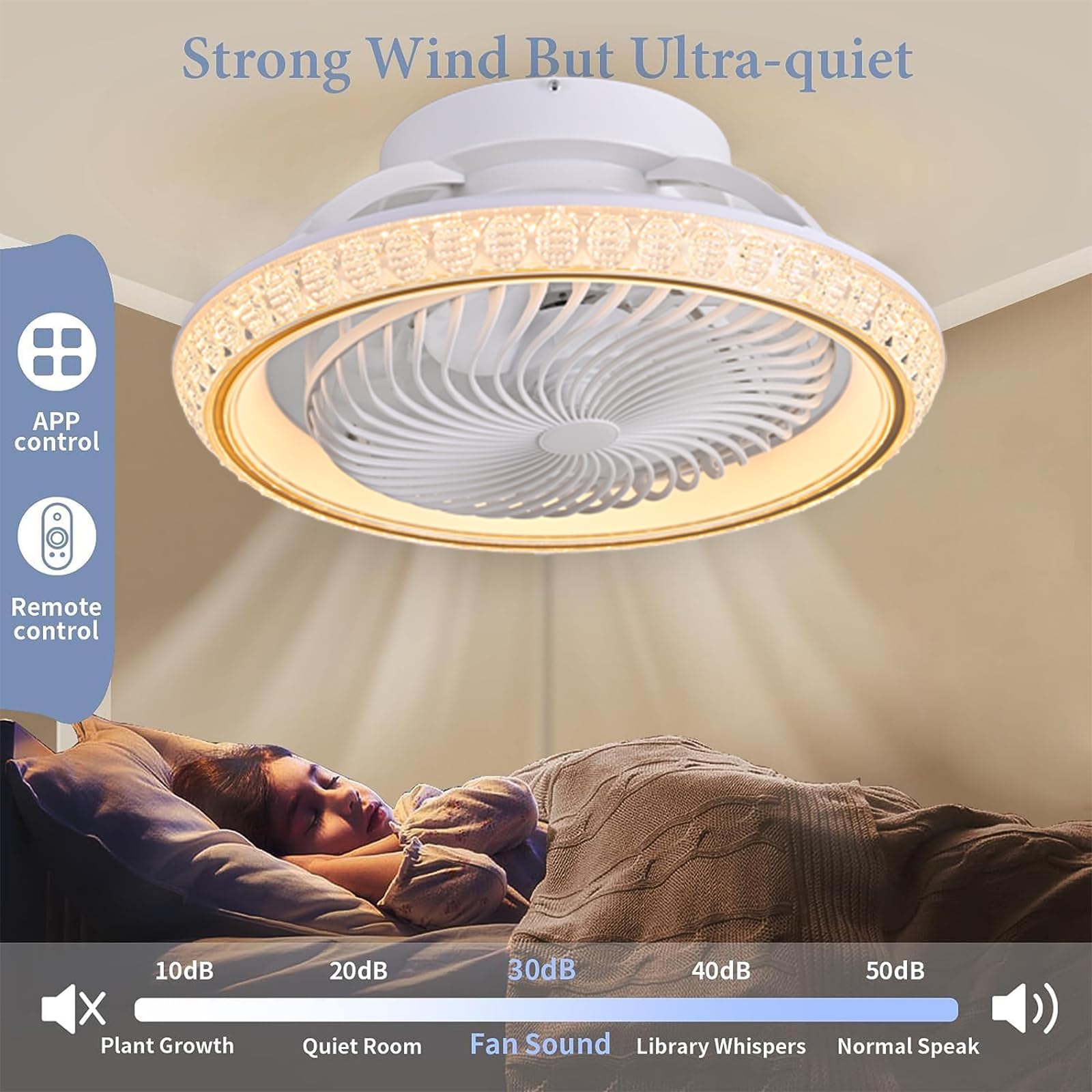 Qiaomao stille plafondventilator met licht en afstandsbediening APP, 49cm bladloze plafondventilatorlamp 6 snelheden 3 tinten, timer, zomer-winterfunctie (72w, goud