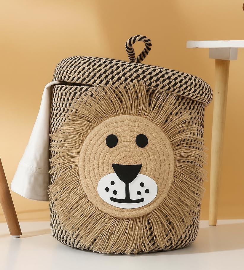 Image of Jute Basket For Storage Cotton Rope Toys Basket With Lid Handwoven Natural Foldable Laundry Hamper for Home, Office, Living Room Size 10x10 inch (LION -BASKET)