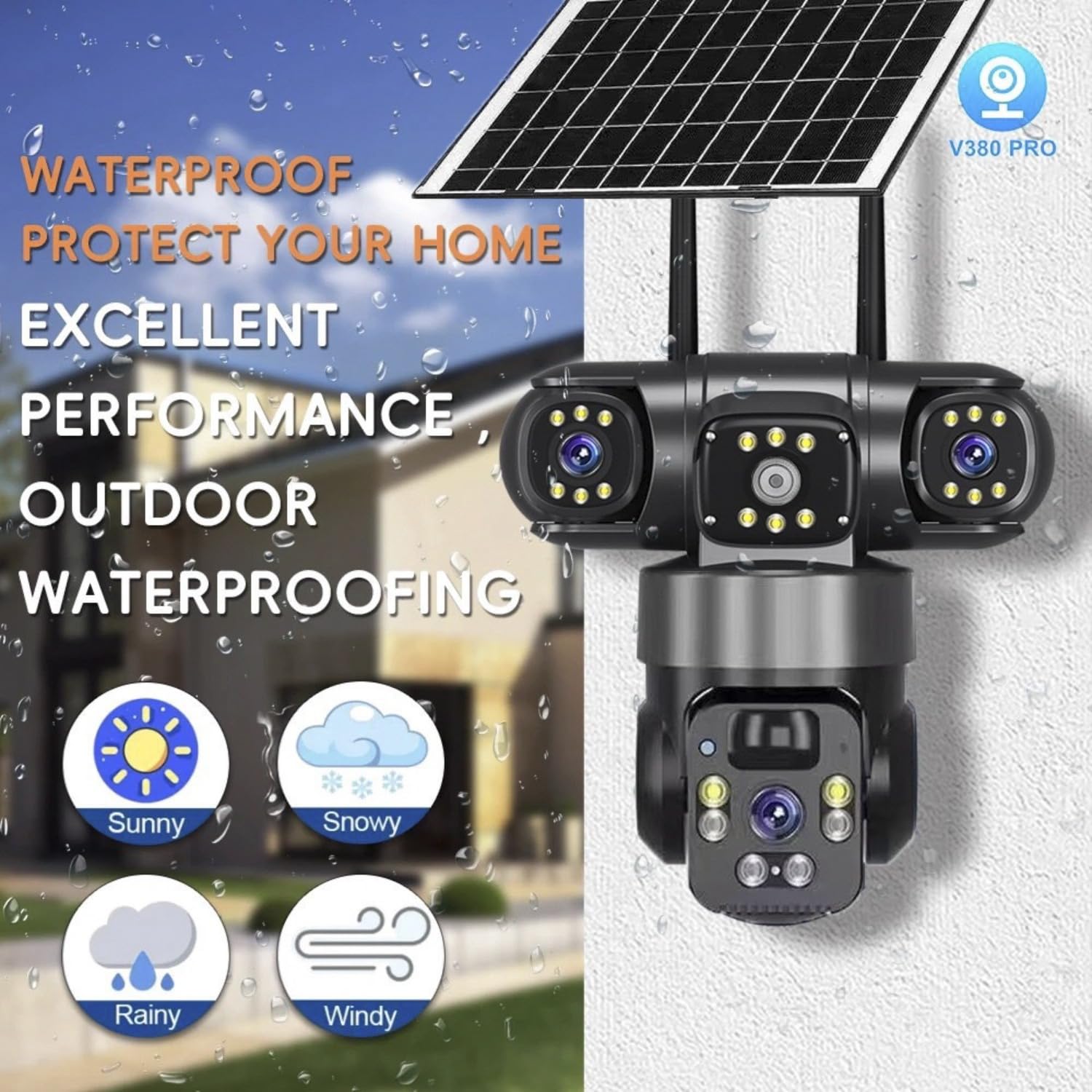 Telecamera ad energia solare, vista pan-tilt a 360°, connettività WiFi/4G, tripla lente per monitoraggio multi-schermo, telecamera IP esterna wireless (nero, connessione WiFi/Ethernet)