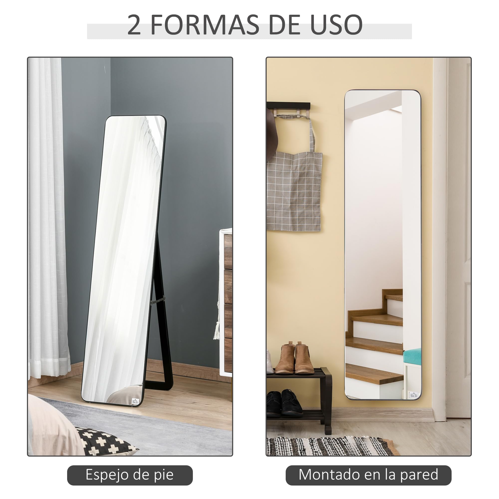 HOMCOM Espejo de Pie Cuerpo Entero Rectangular Espejo Pared con 2 Formas de Uso Marco de Madera de Pino Moderno para Pasillo Dormitorio Sala de Estar 37x43x156 cm Negro