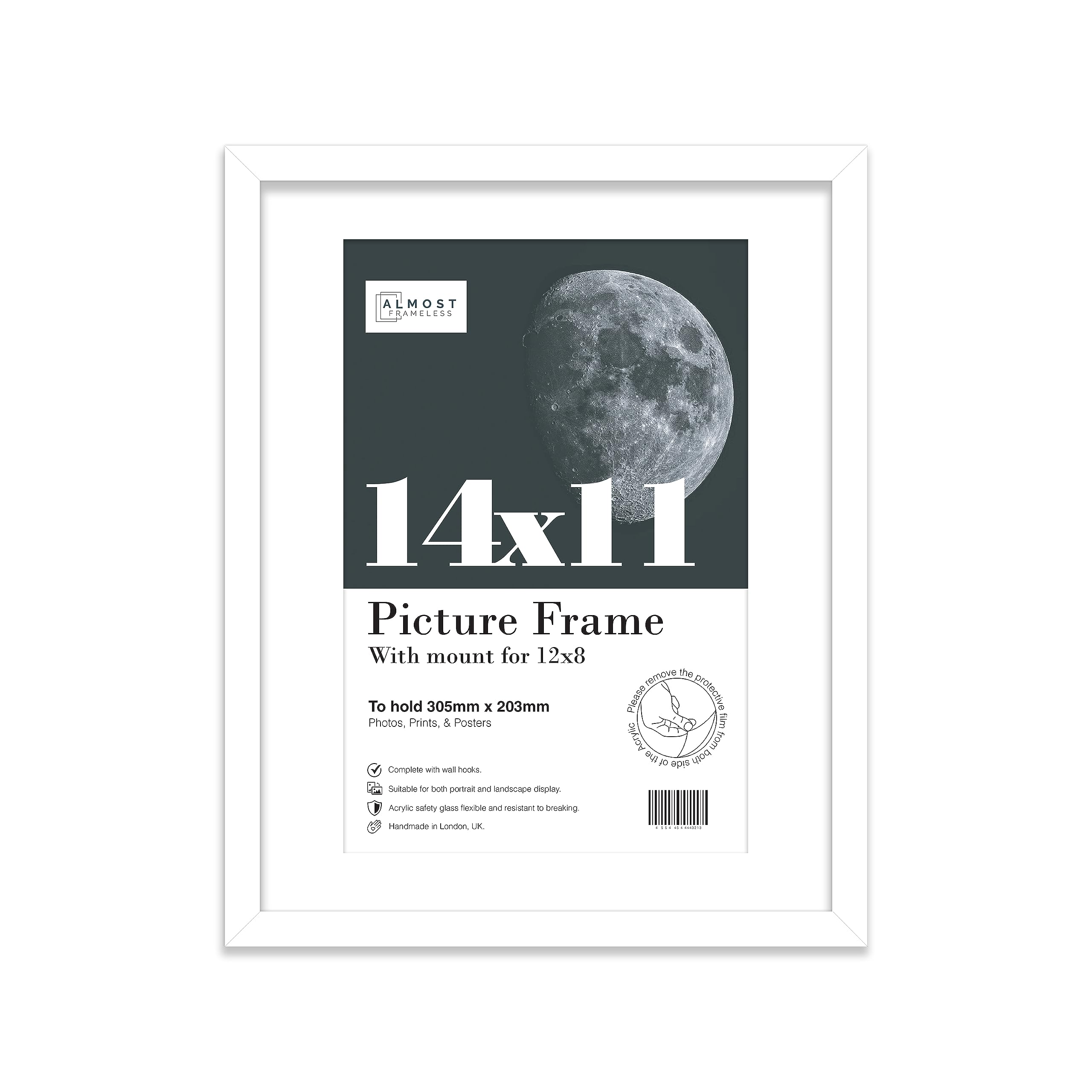 Almost Frameless 14x11 White Picture Frame With Mount for 12x8 Print, Poster or Photo Poster, Photo, Artwork, or Print. Thin Edge Slim Frame Portrait and Landscape Display with Wall Hooks — image 1