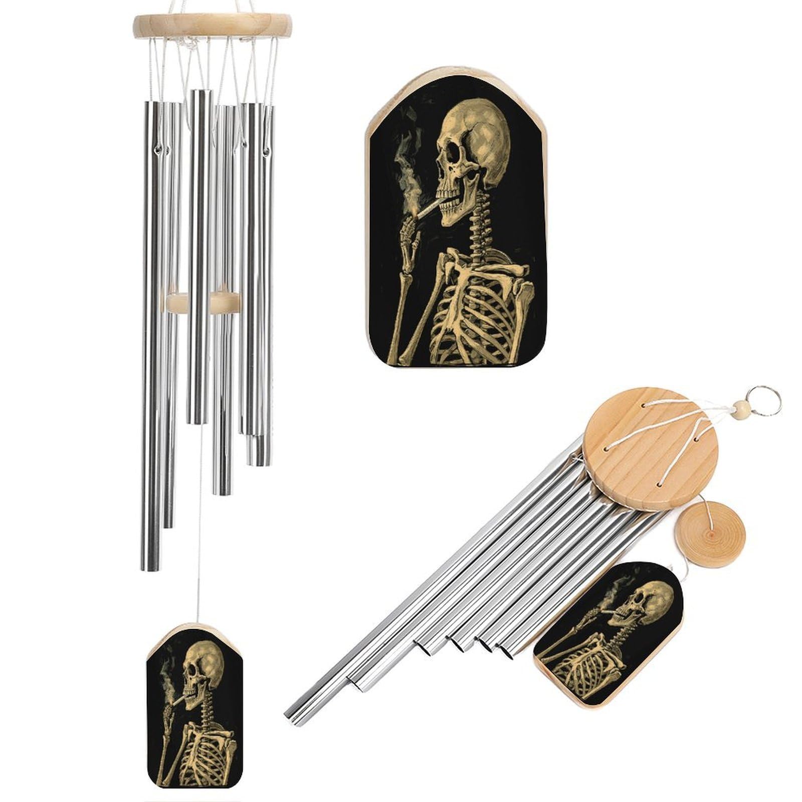 Btcowzrv Style A Skeleton With Burning Cigarette Wind Chimes For Outside, Hanging Windchimes With 6 Aluminum Tubes, Memorial Wind Chime For Patio Backyard Garden And Outdoor Decor