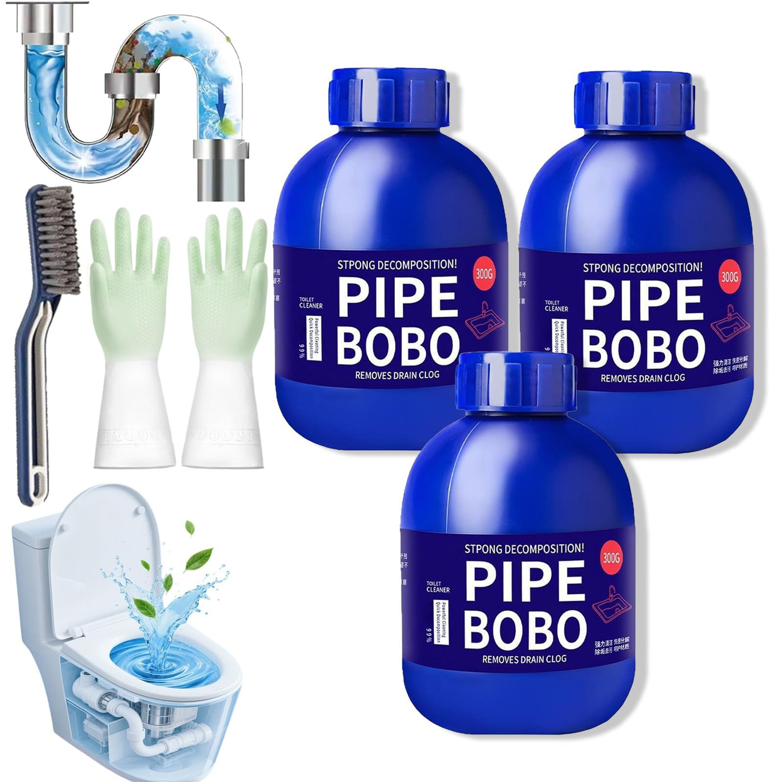 Pipe Bobo - Limpiador de tuberías Bobo, 300 g, limpiador de desagües profesionales para exteriores, fregaderos de cocina e inodoros (3 unidades)