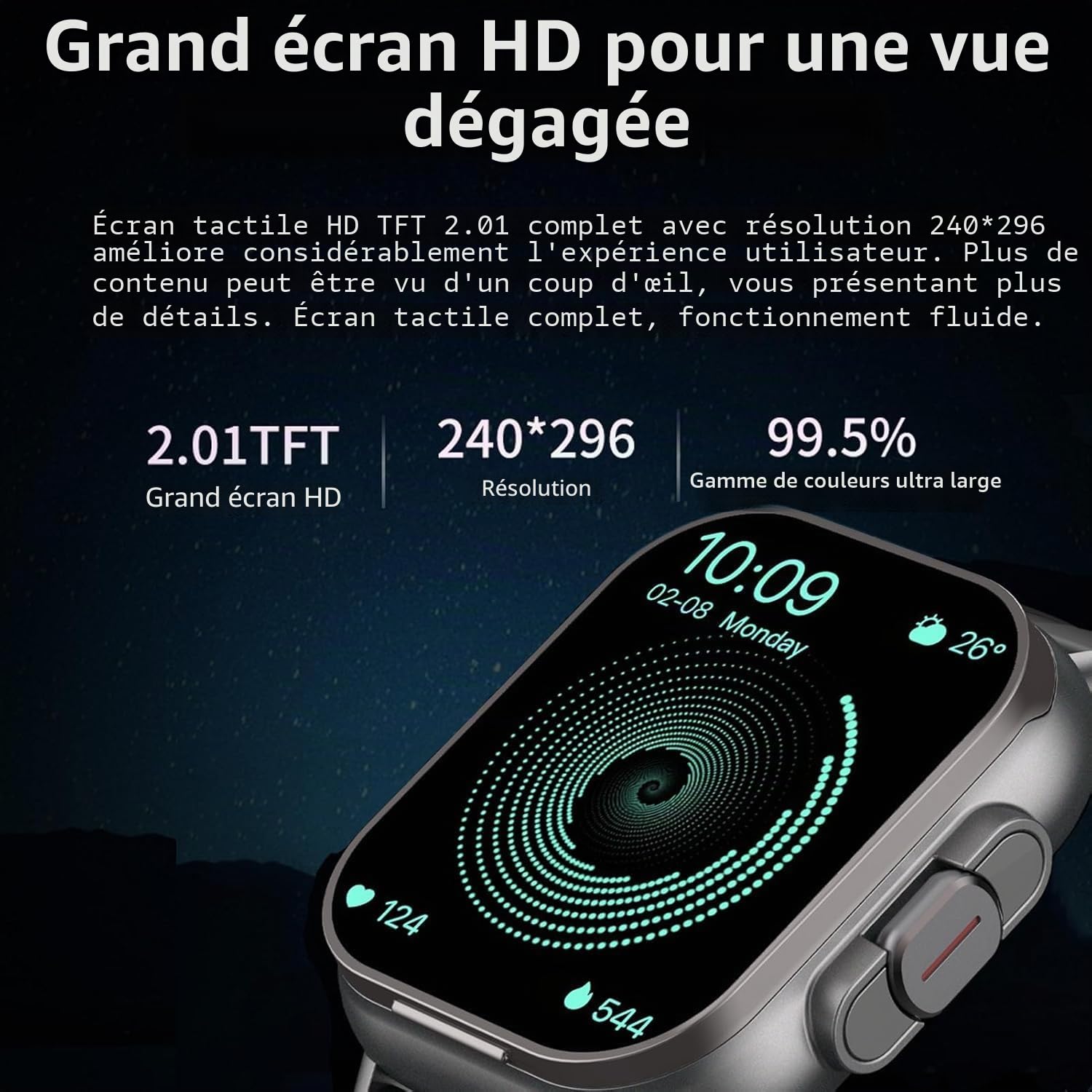 Montre Intelligente avec écouteurs, écran HD 2.01, Montre Intelligente 2 en 1 avec écouteurs, Moniteur d'activité Physique, NFC, Sommeil, Fréquence Cardiaque, Moniteur de
