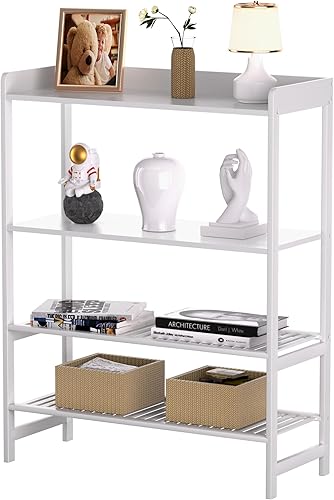 POXAKA Mesa de sofá, mesa de consola de bambú, mesa auxiliar estrecha de 4 niveles con estantes abiertos, soporte para plantas para entrada,