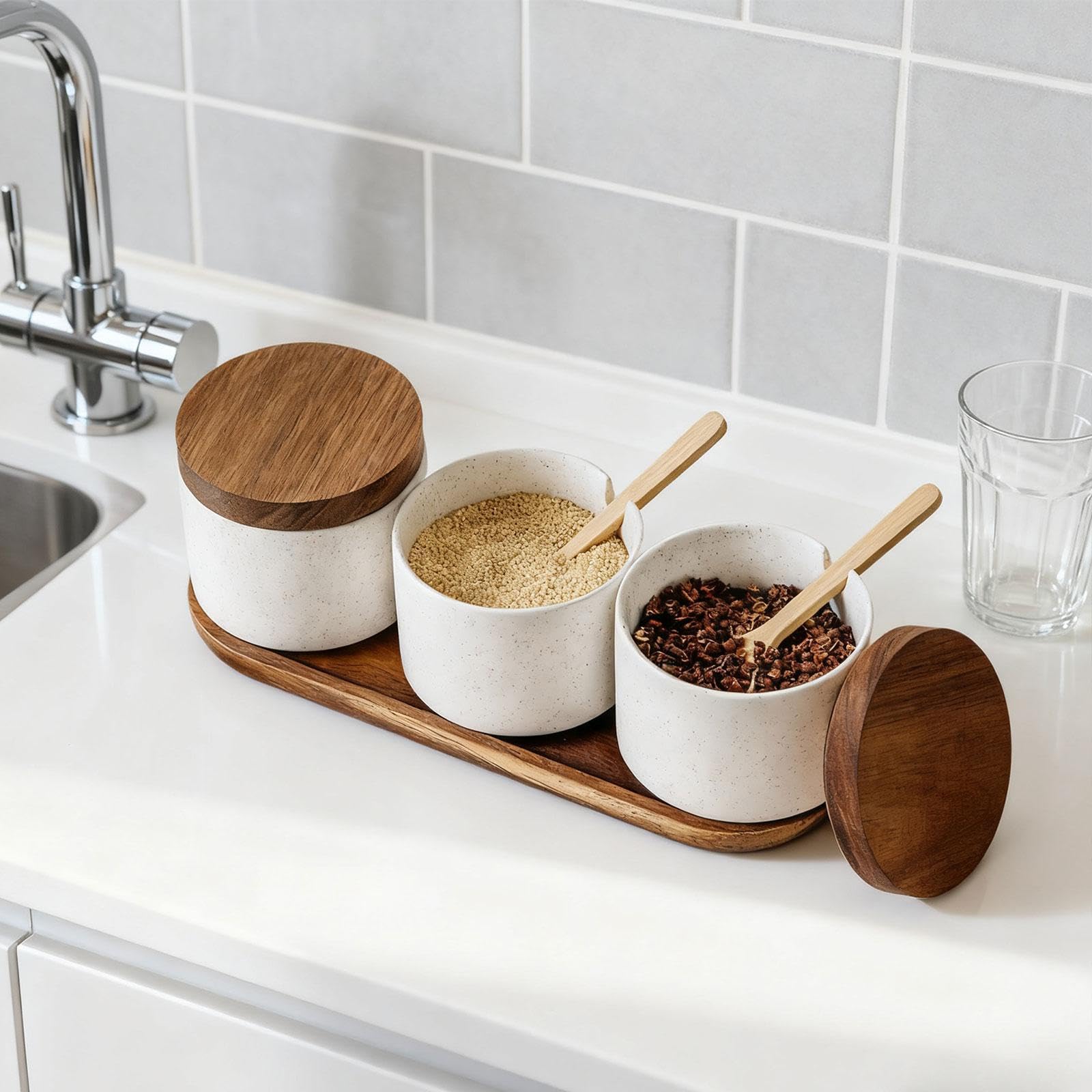 MagiDeal Barattolo per condimenti, zuccheriera in Ceramica con Coperchio in Legno, Ciotola Creativa per Sale, condimenti per tè, caffè macinato, Zucchero, casa, 3 Pezzi