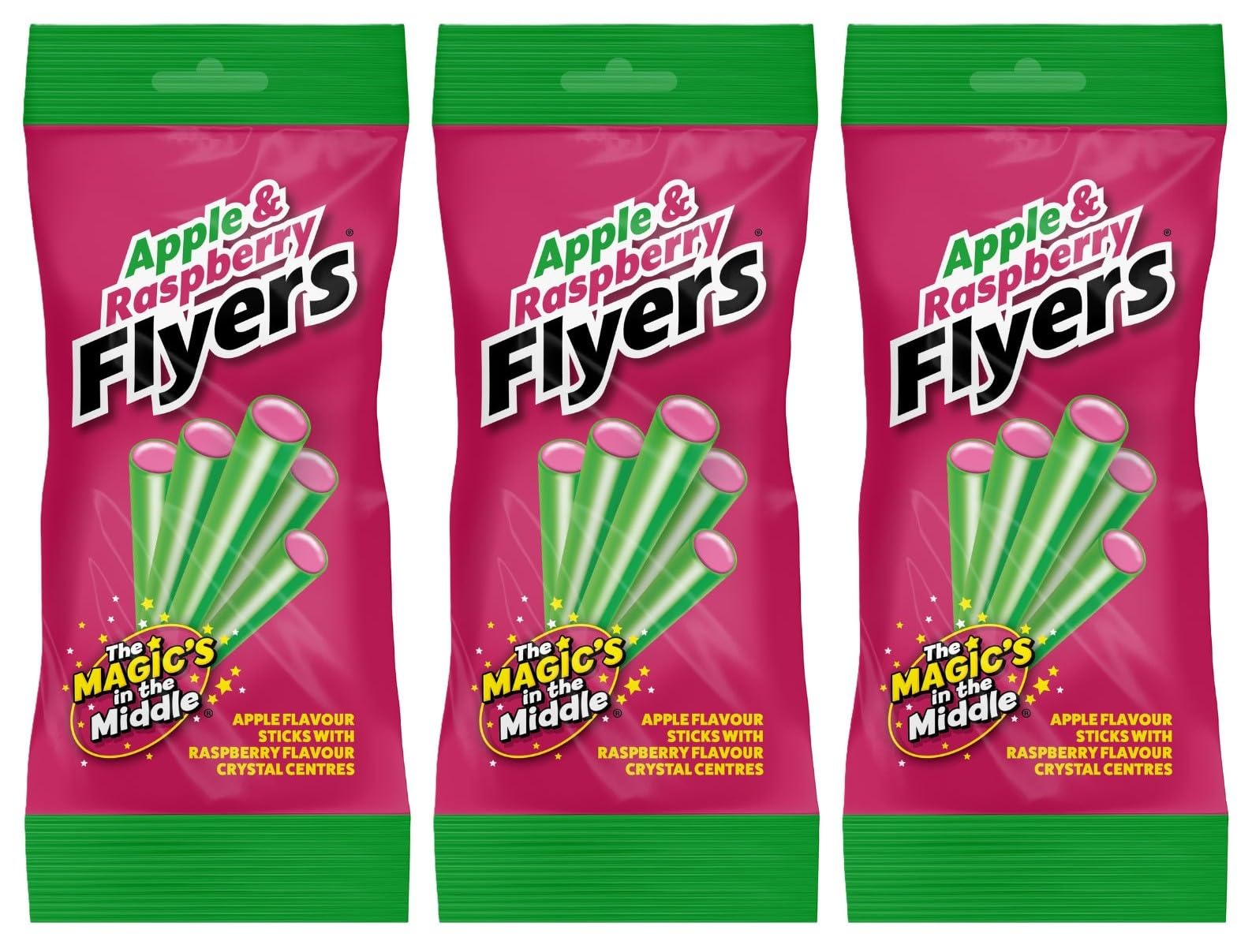 Apple & Raspberry Flyers – 3 x 75g Letterbox Pack | Chewy Apple Flavour Sticks with Tangy Raspberry Centres | Vegan Fruit Candy Sticks for Snacking & Sharing