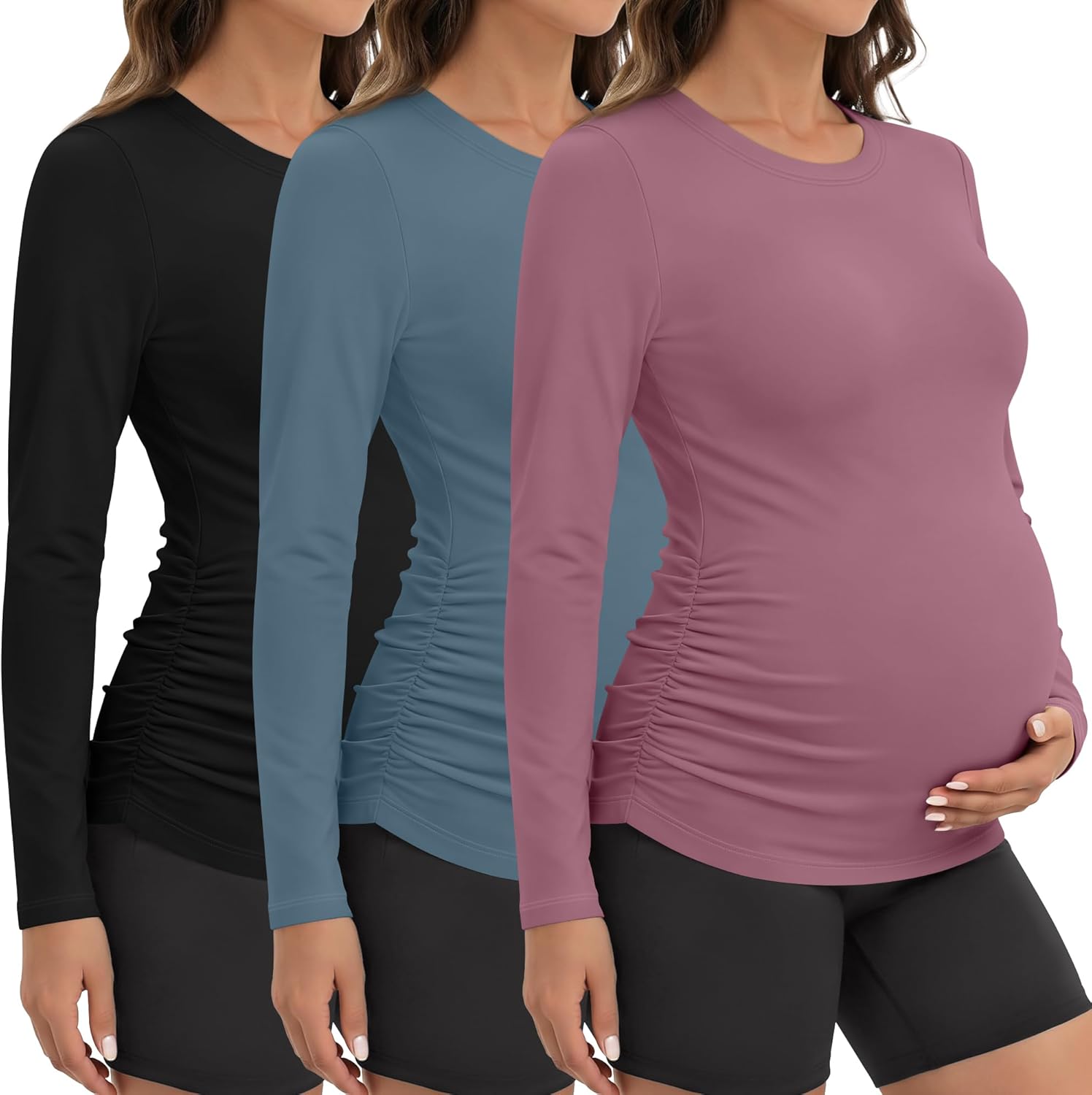 3 Pack Women's Maternity Athletic Yoga Shirts Pregnancy Long Sleeve Side Ruched Tops Casual Crew Neck Basic Tee
