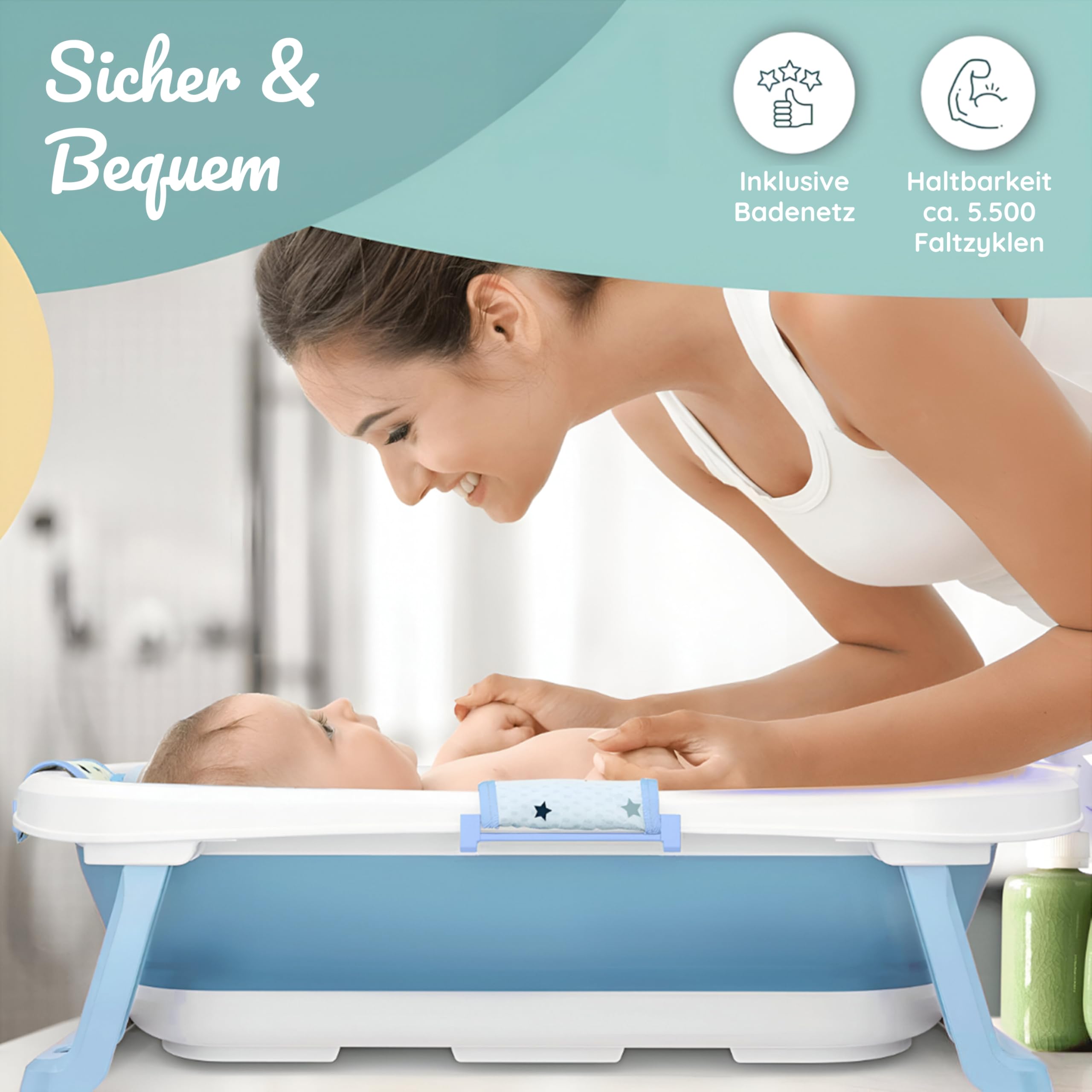 BEARTOP Babywanne Faltbar - Innovatives Design für einfache Aufbewahrung, inkl. Tragetascheneinsatz - Auslaufsicheres PP & TPE Material - 50 L Volumen - Ergonomisch, platzsparend und sicher - Blau