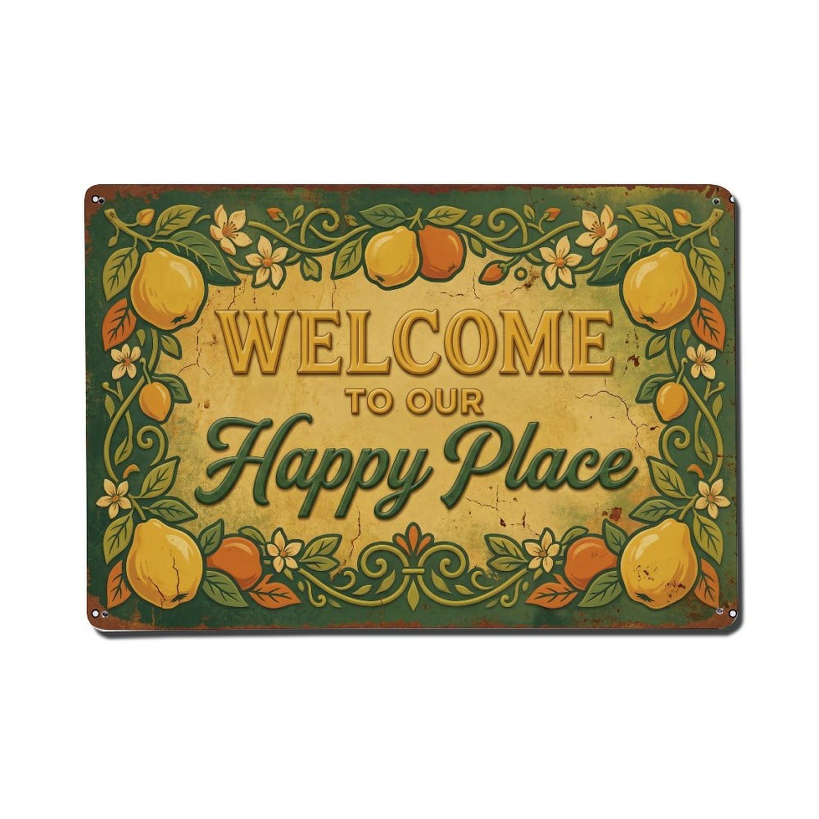 Fqnyr Style Welcome To Our Happy Place Quince Garden Metal Tin Sign Plaque Wall Decor For Cafe, Club Bar, Office, Home Garden Metal Poster 8X12inch