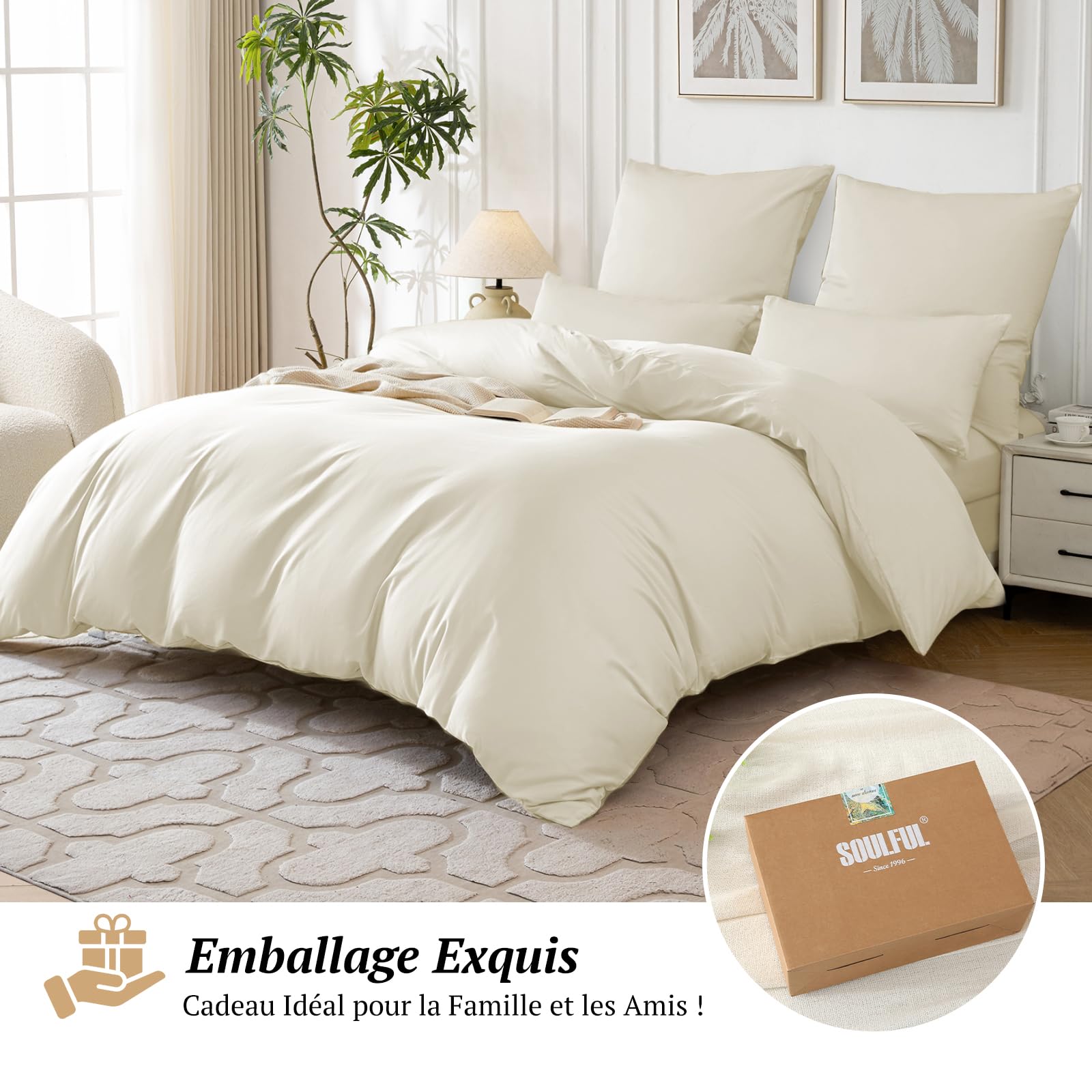SOULFUL Copripiumino 220 x 240 in raso di cotone con 2 federe 65 x 65 cm, setoso e traspirante, 100% cotone a fibre lunghe, beige set da letto 220 x 240 in cotone con chiusura lampo