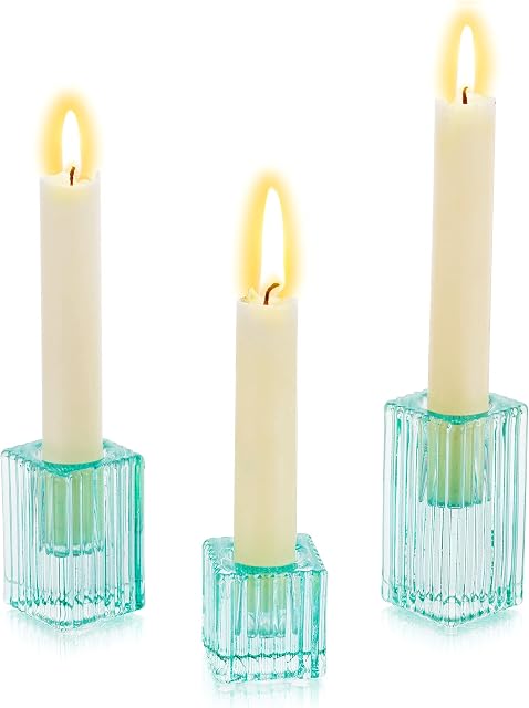 Glasseam Candlestick Holders Glass Candle Holder, Small Green Taper Candle Holders Set of 3 Vintage Candle Stick Holder for Dinner Wedding Centrepiece Christmas Dining Table Living Room