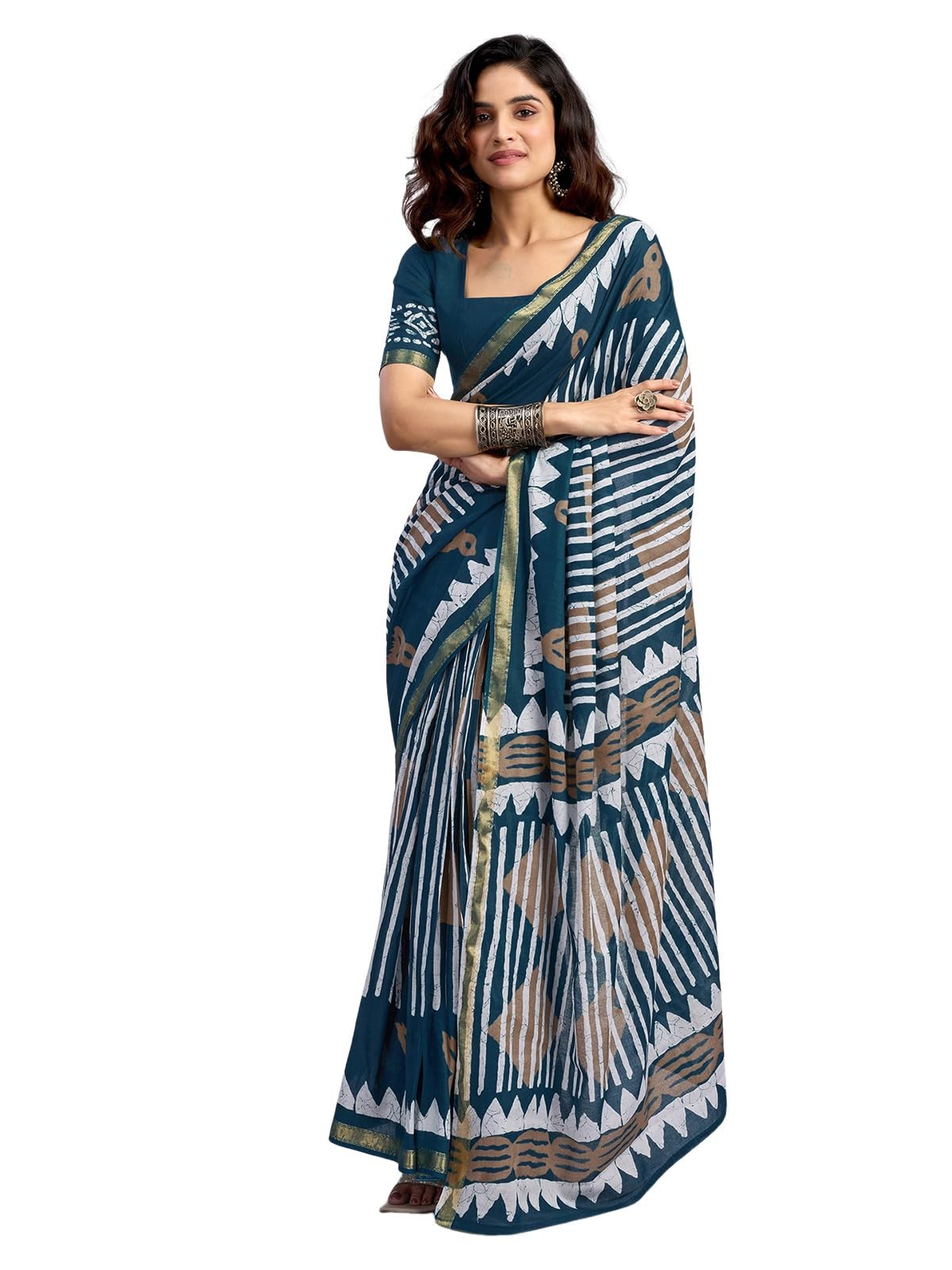 Satrani Women's Pure Cotton Printed Ready To Wear One Minute Pre Stitched Saree with Unstitched Blouse Piece