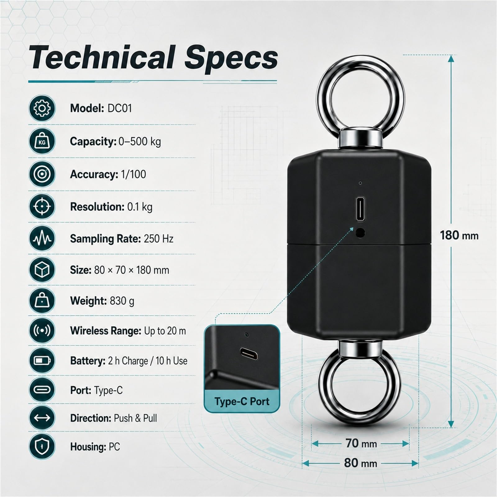 Dynamometr push-pull i tester wytrzymałości izometrycznej 500kg | Rozdzielczość 0,1 kg do użytku w domu, na siłowni i w podróży.