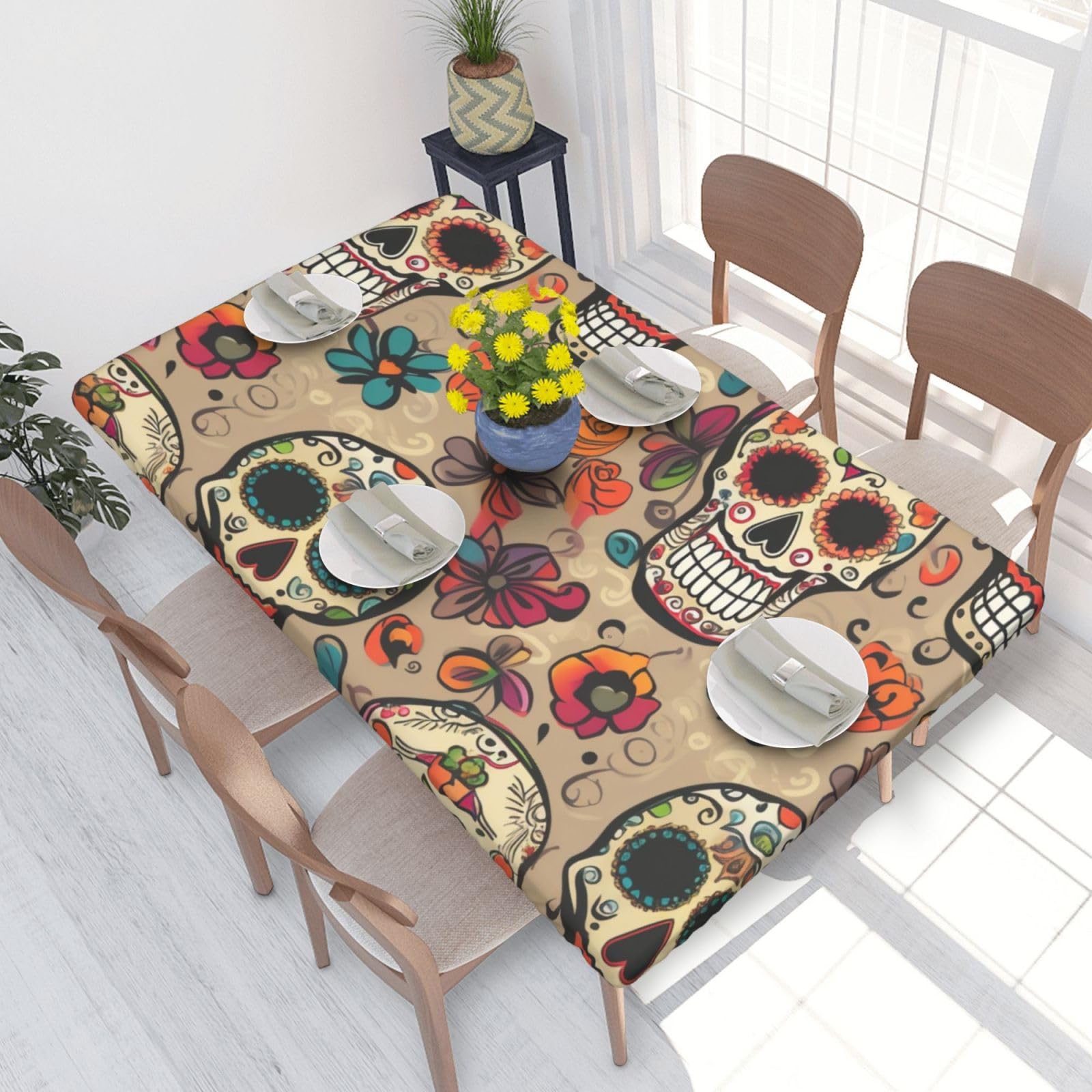 DCARSETCV Mexican Skull Printed 4FT Waterproof Tablecloth with Elastic Edged Protect & Decor Your Table, Oil-proof Washable Table Cloth Cover for Dinner Picnic Party