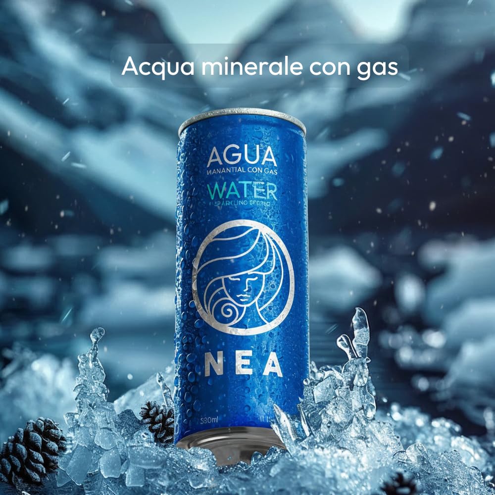 NEA Acqua Frizzante in Lattina di Alluminio Riciclabile - Acqua Minerale Effervescente di Sorgente Alpina - Pack 24 Lattine 33cl - Senza Plastica BPA Free - Bollicine Fini