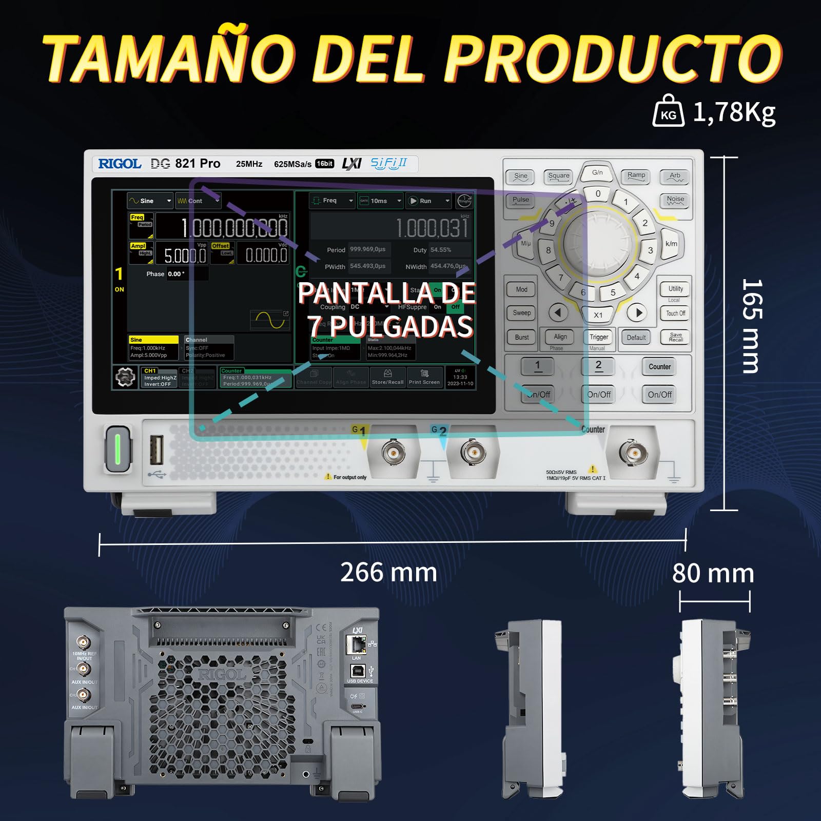 RIGOL Generador de Funciones,DG821 Pro Generador de Señales,25 MHz,1 Canal,Resolución de 16 bits,Pantalla táctil HD de 7 pulgadas,Ultra portátil,Ideal para pruebas en campo y enseñanza en laboratorio