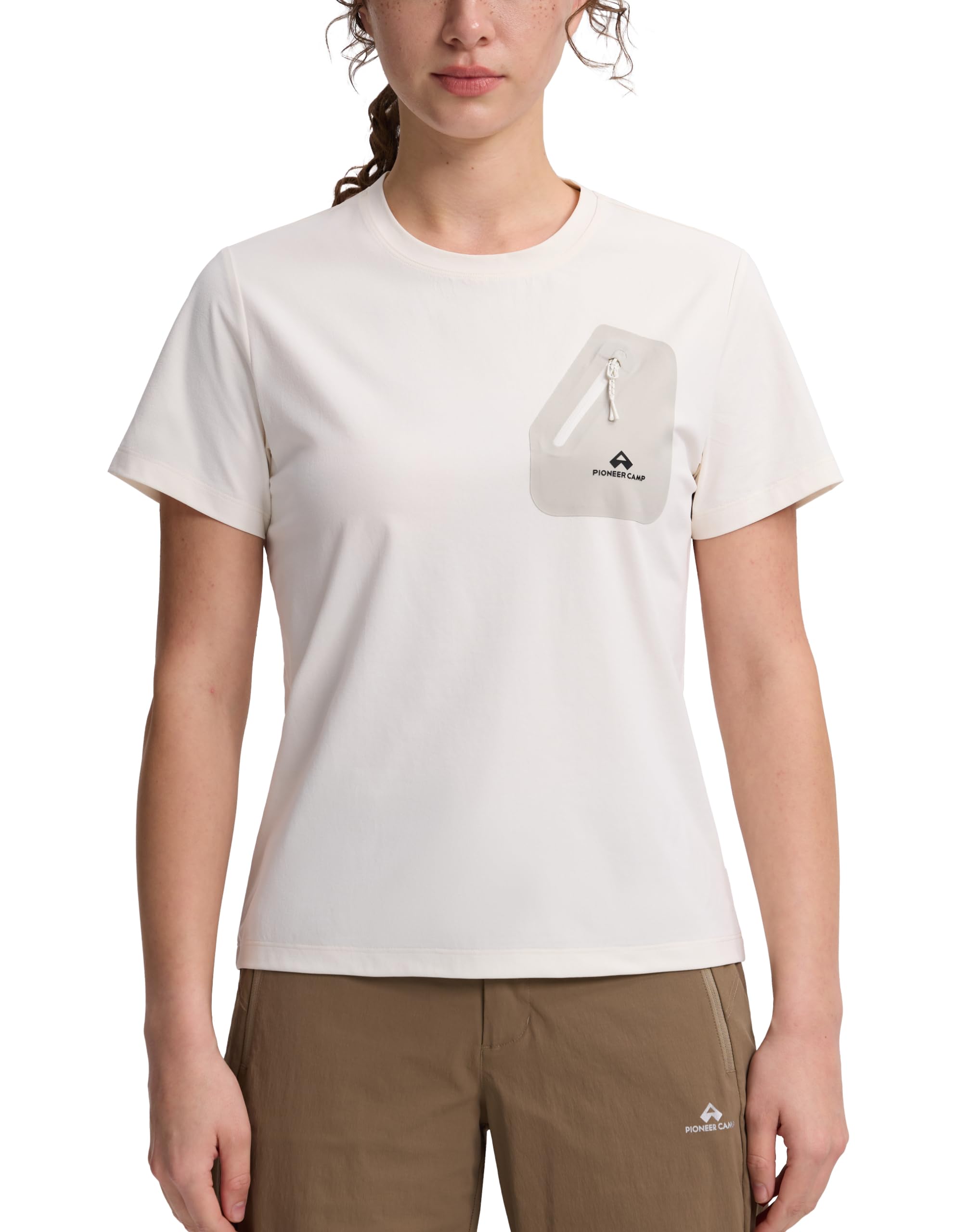 Pioneer Camp Sportshirt Damen Kurzarm Sport Top UV Shirt Funktionsshirt T-Shirt Wandershirt Laufshirt,Atmungsaktiv & Brust-Zipper-Tasche,Wandern,Yoga,Joggen,Fitness