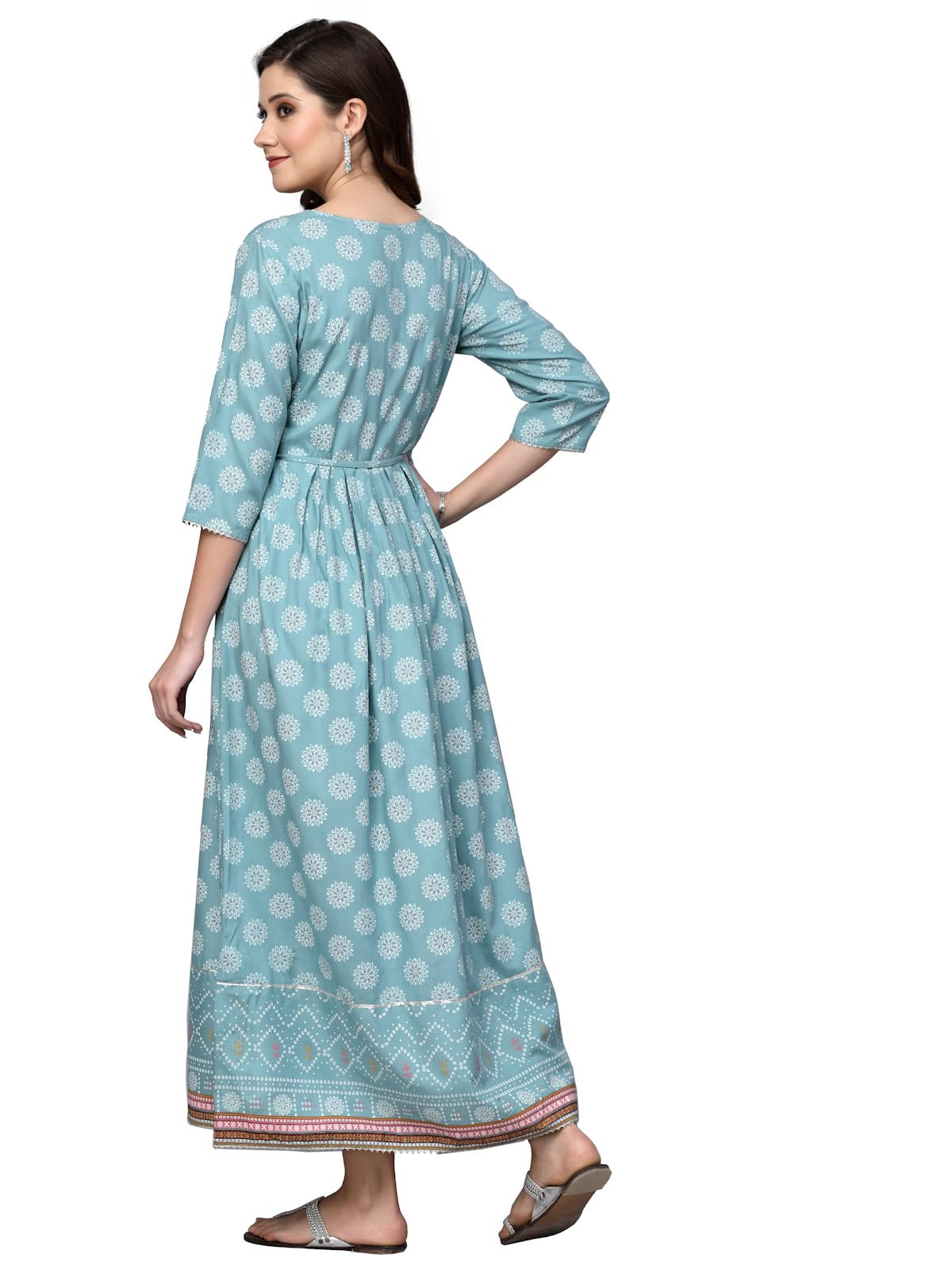 Stylum Women's Printed & Embroidered Rayon Flared Kurta (Aquazubby_Blue) (X-Small, Blue)