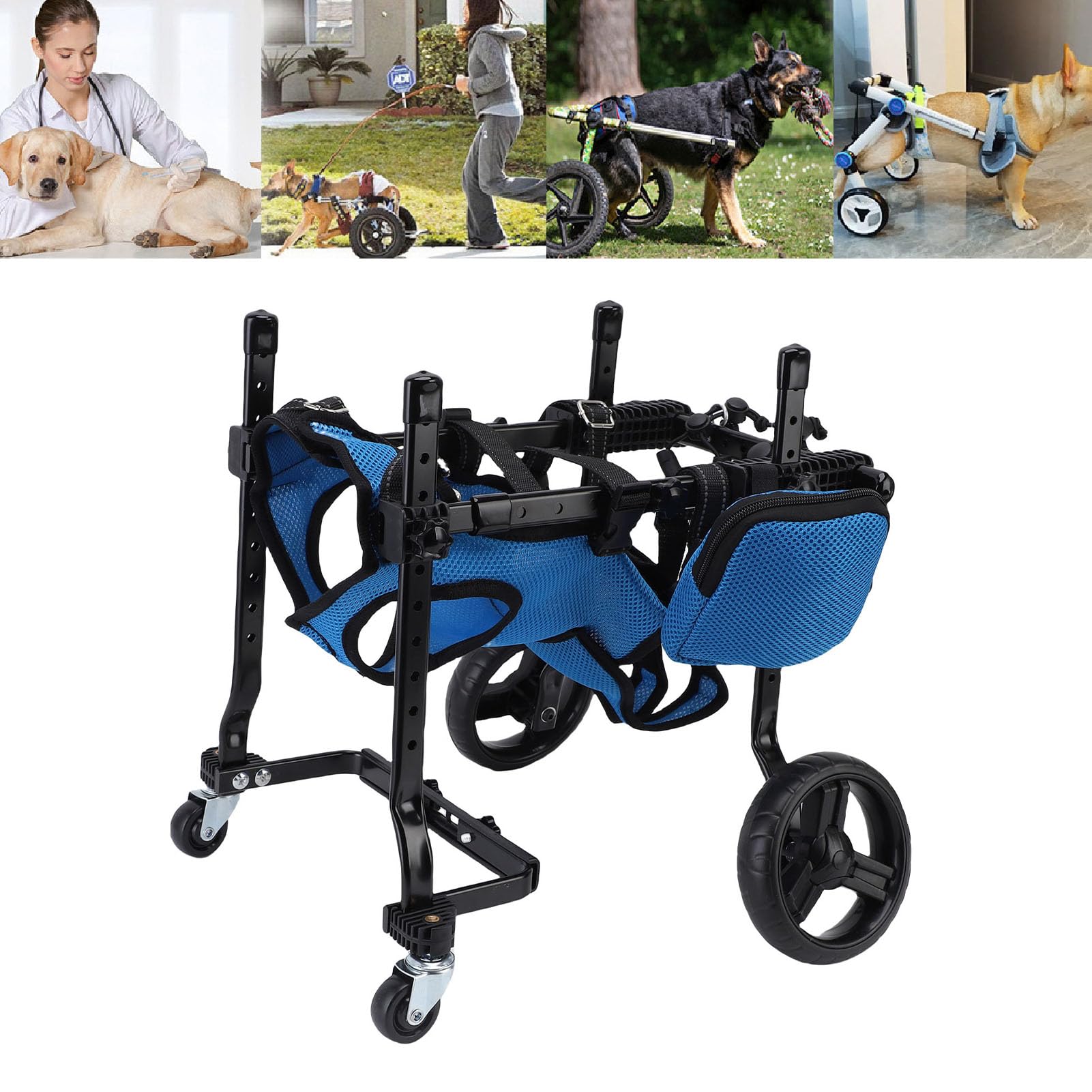 Carrello per Cani Zampe Posteriori, Telaio Regolabile, per Animali | Rete traspirante, Ruote antiusura, Borsa portaoggetti laterale