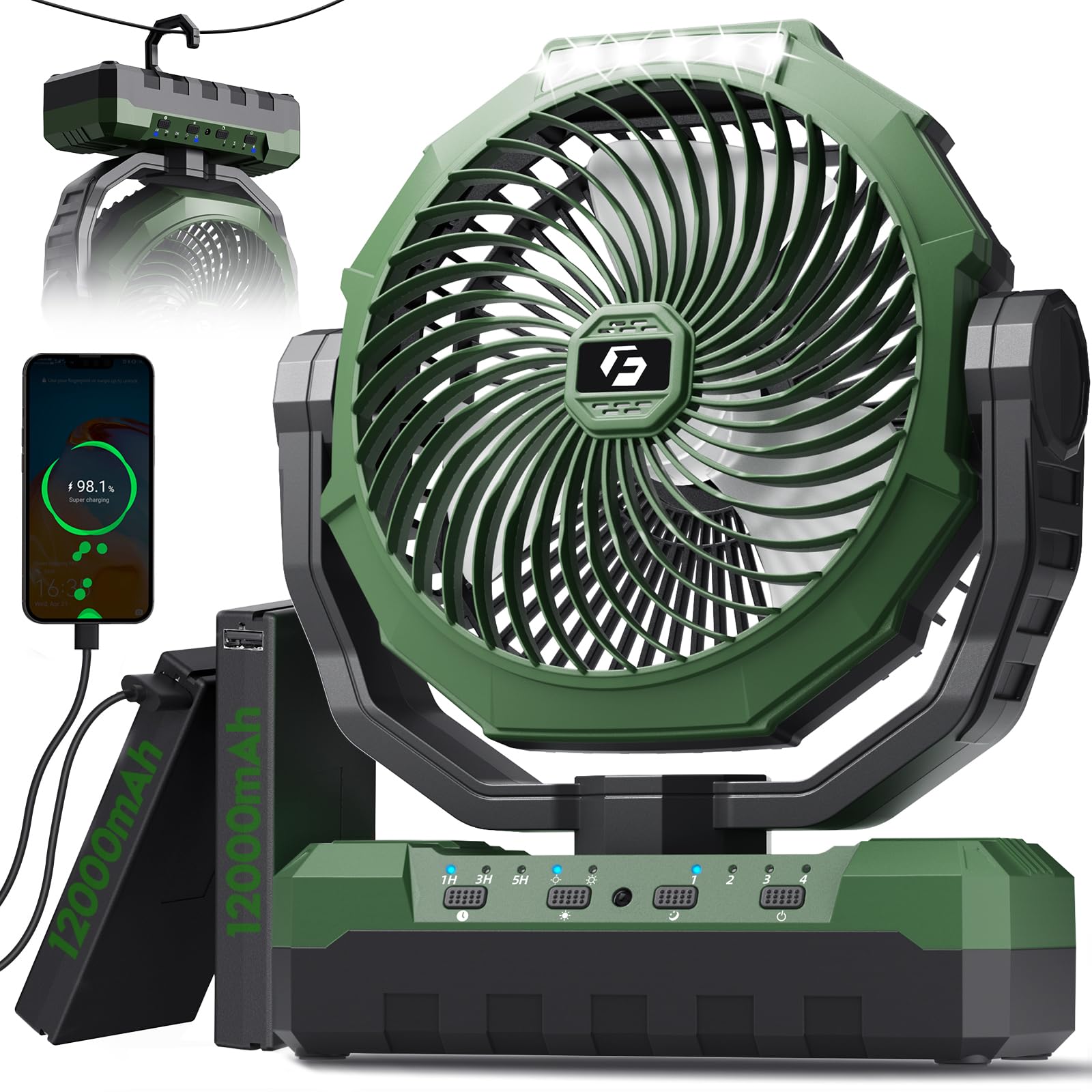 FRIZCOL 3-in-1 Camping Fan - Portable Fans Rechargeable - 24000mAh Detachable Battery Powered Fan with Light &amp; Remote for Indoor, Outdoor, Tent, Travel, Fishing, Jobsite, Gifts for Men Dad Him - Green