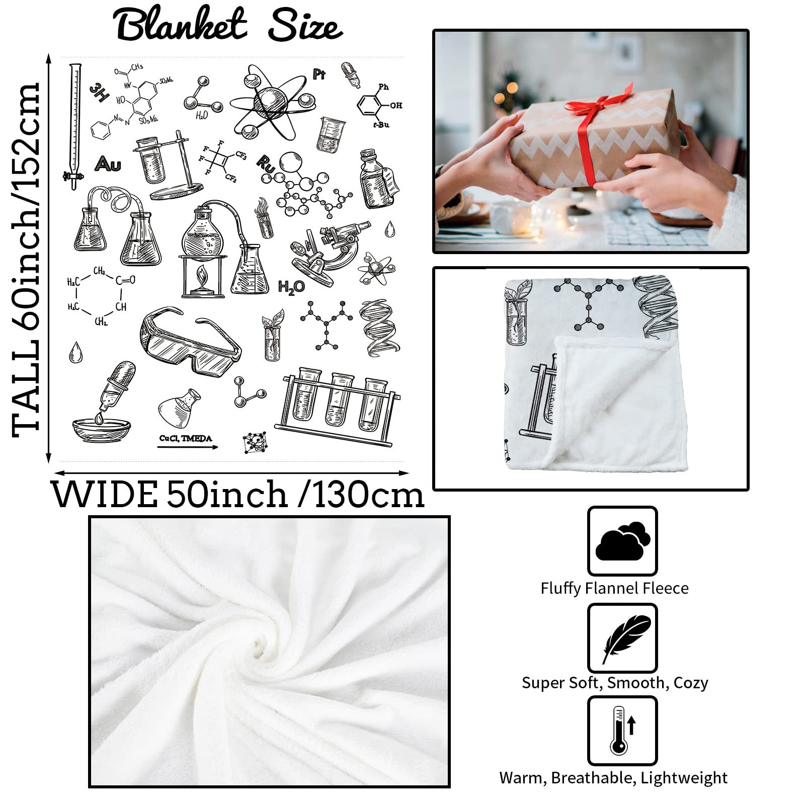 Domgoge Science Throw Blanket Cozy Soft Hand Drawn Style Chemistry Fleece Flannel Blankets Education Laboratory Illustration Formulas 130x152 cm - Image 3