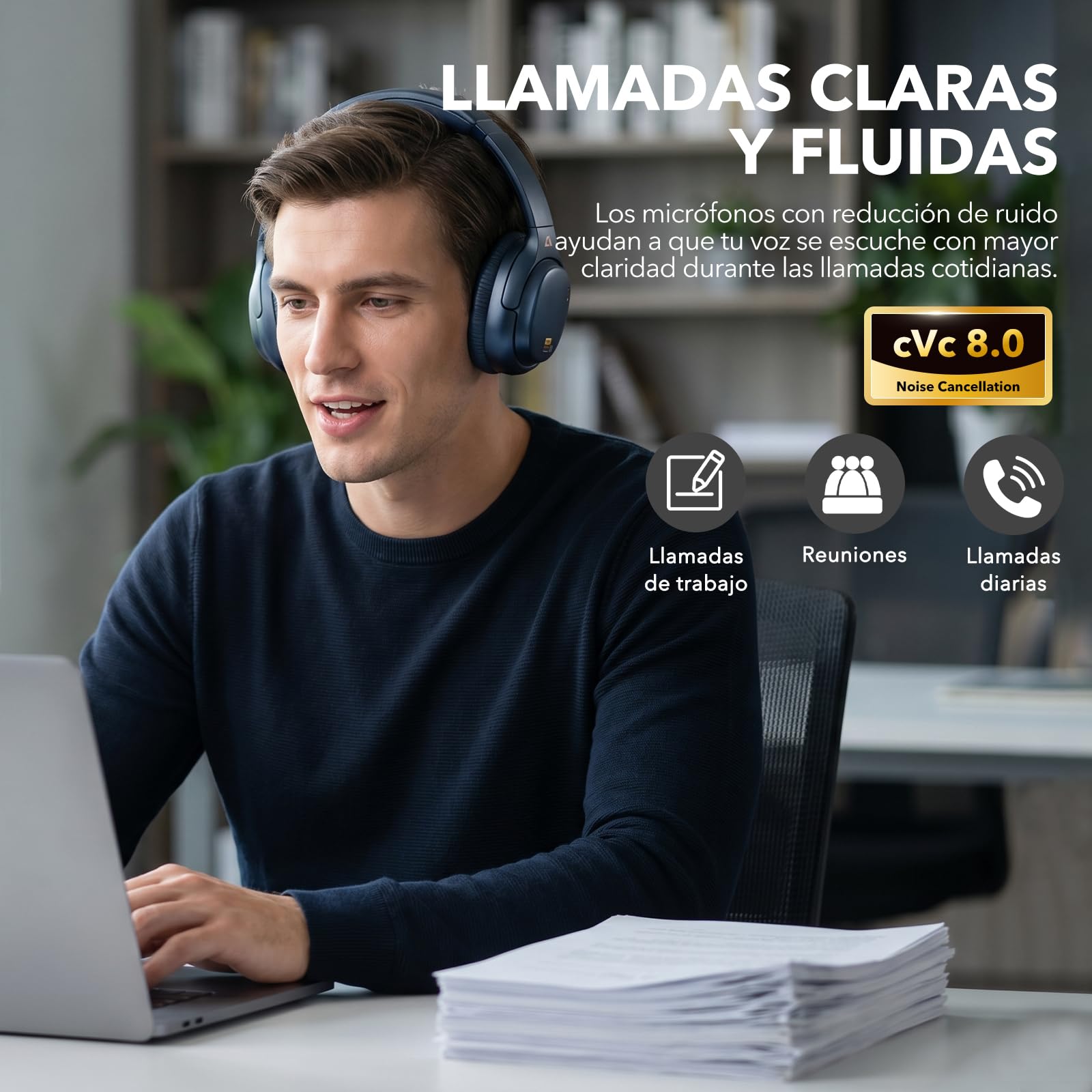 1Mii E700 Cascos Cancelación Ruido Inalámbricos Bluetooth Diadema, Azul | ANC Híbrida para Viajes/Avión, Hi-Res LDAC con Graves Potentes, Cómodos para Oficina/Estudio, aptX Low Latency para TV