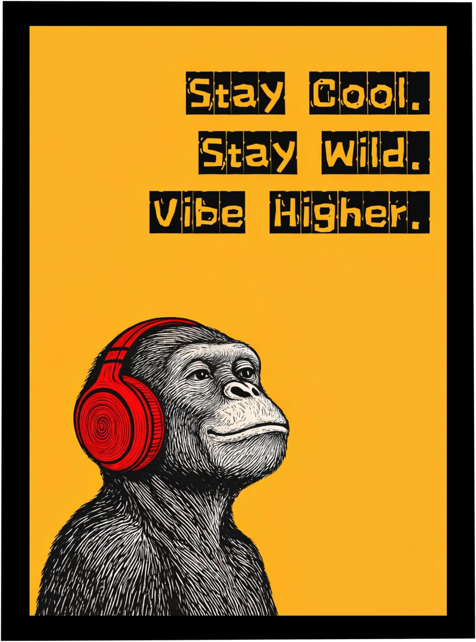 Music Wall Decor Frame, Stay Cool Stay Wild Vibe Higher Motivational Poster with Monkey Headphones, Orange and Black, Ready to Hang