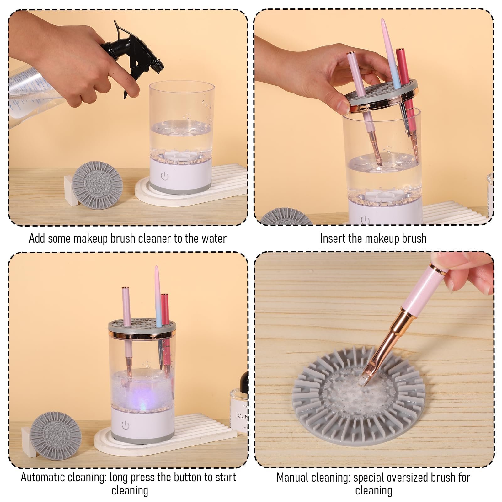 Pulitore Pennelli Trucco Elettrico, Macchina Pulisci Pennelli Cosmetici Bianca con Cavo USB Strumento Lava pennelli Trucco Portatile Rotazione Automatica per Pennelli Trucco Tutte Dimensioni