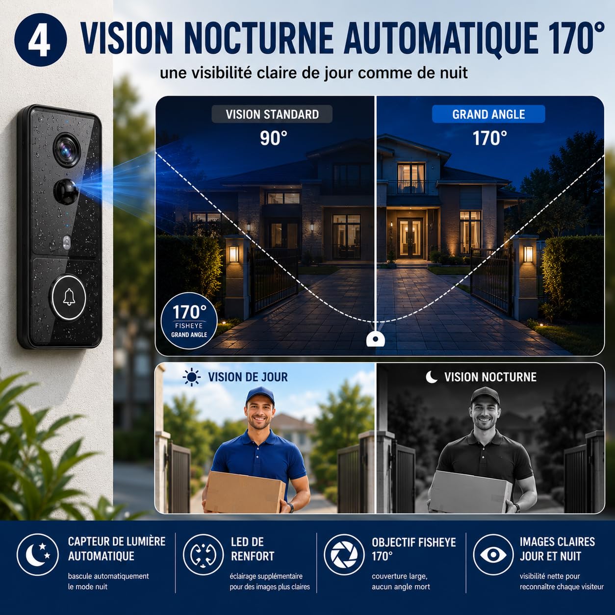 Sonnette sans Fil Exterieur Etanche avec Caméra, Sonnette sans Fil avec Camera et Moniteur 4,3", Visiophone sans Fil sans WiFi ni App, Interphone Video sans Fil 2.4GHz, PIR, Vision Nocturne, IP65